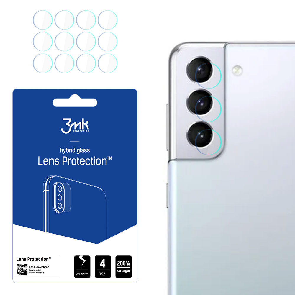 Un telefono con protezioni per lenti e un pacchetto protettivo. Il pacchetto contiene testo e icone, tra cui 'Lens Protection' e '3mk Protection'.