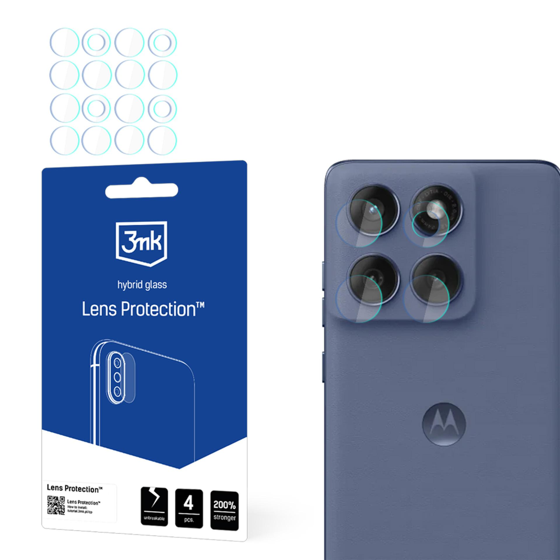 L'immagine mostra protezioni per lenti, un telefono e la confezione. Sulla confezione c'è scritto 'Lens Protection' con un contorno del telefono.