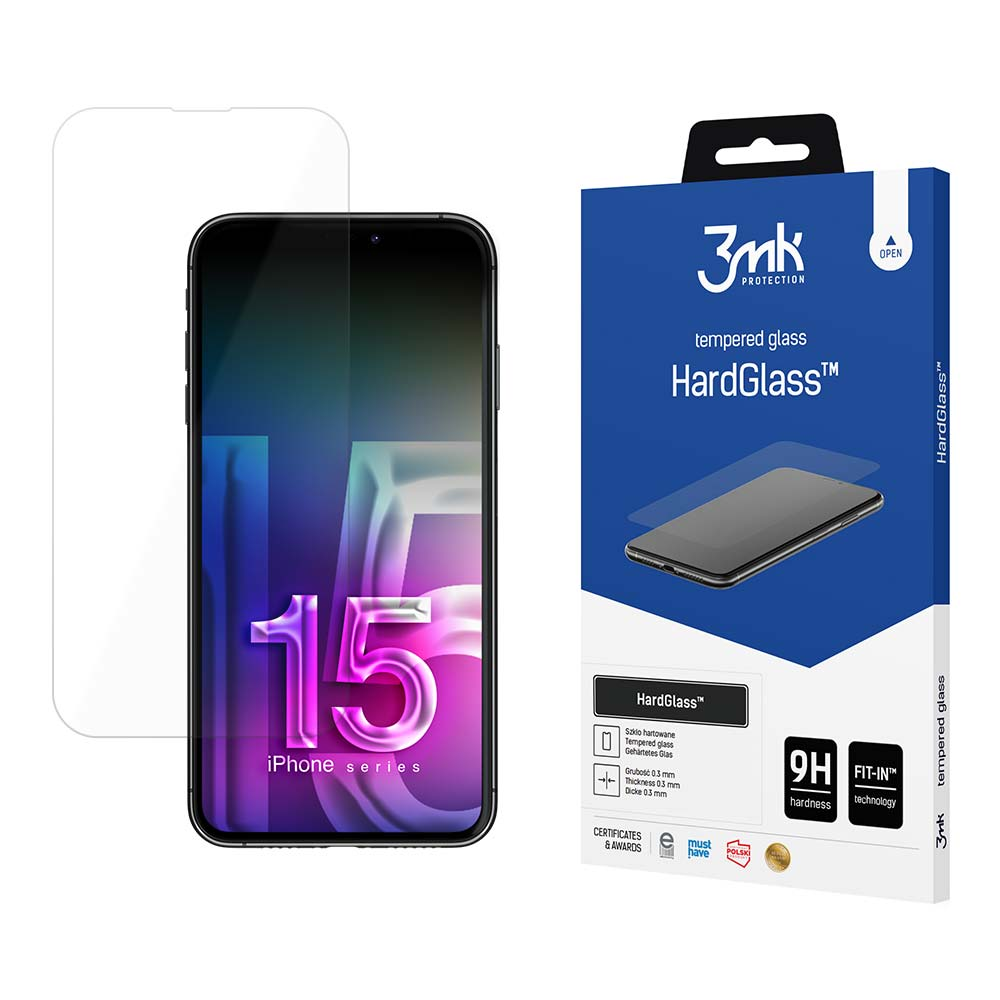 Proteggi schermo iPhone 15 con telefono e scatola di vetro temperato. La scatola è blu, il telefono nero.