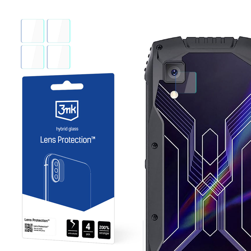 Zdjęcie przedstawia telefon i ochronę obiektywu. Na opakowaniu napisano '3mk Lens Protection'. Widoczne są cztery osłony obiektywu.