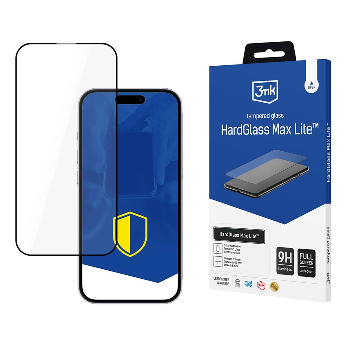 Un telefono con una protezione per lo schermo e una scatola del protettore. La scatola dice 'HardGlass Max Lite'.