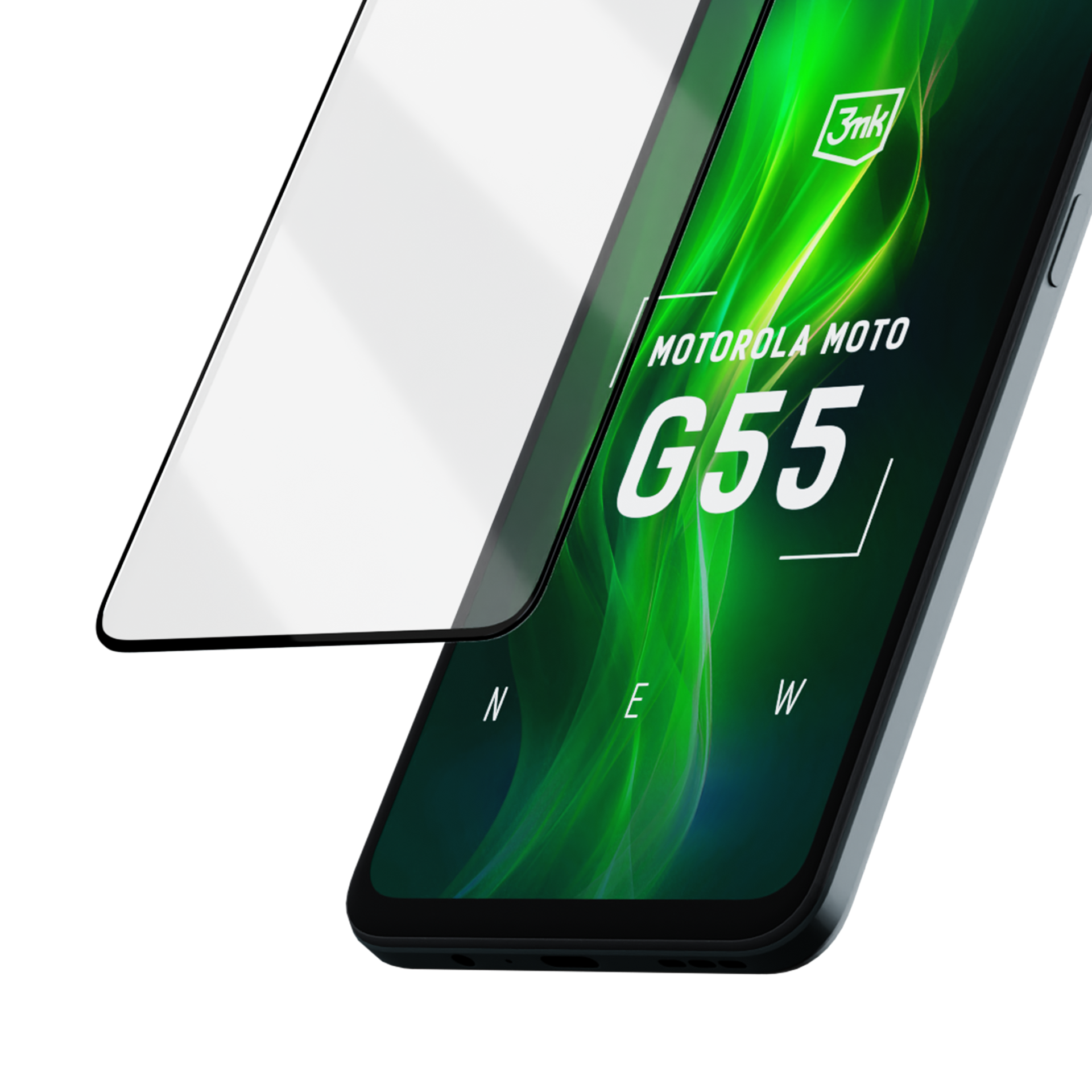 Smartphone con protezione schermo. Il telefono mostra 'Motorola Moto G55'. Sfondo verde e bianco.
