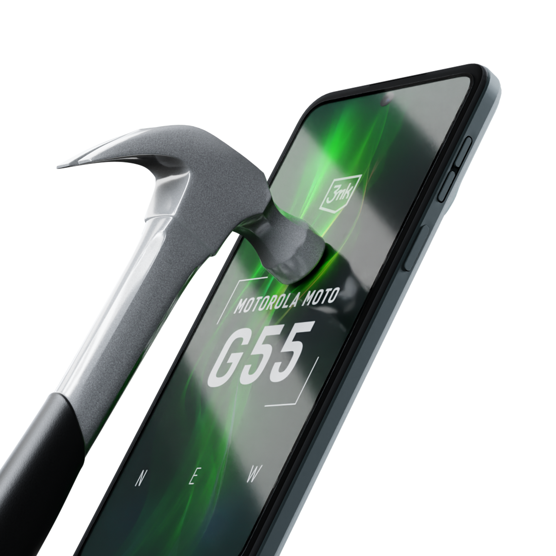 Un martello colpisce lo schermo di un Motorola Moto G55. Lo schermo mostra il nome del telefono e uno sfondo verde.