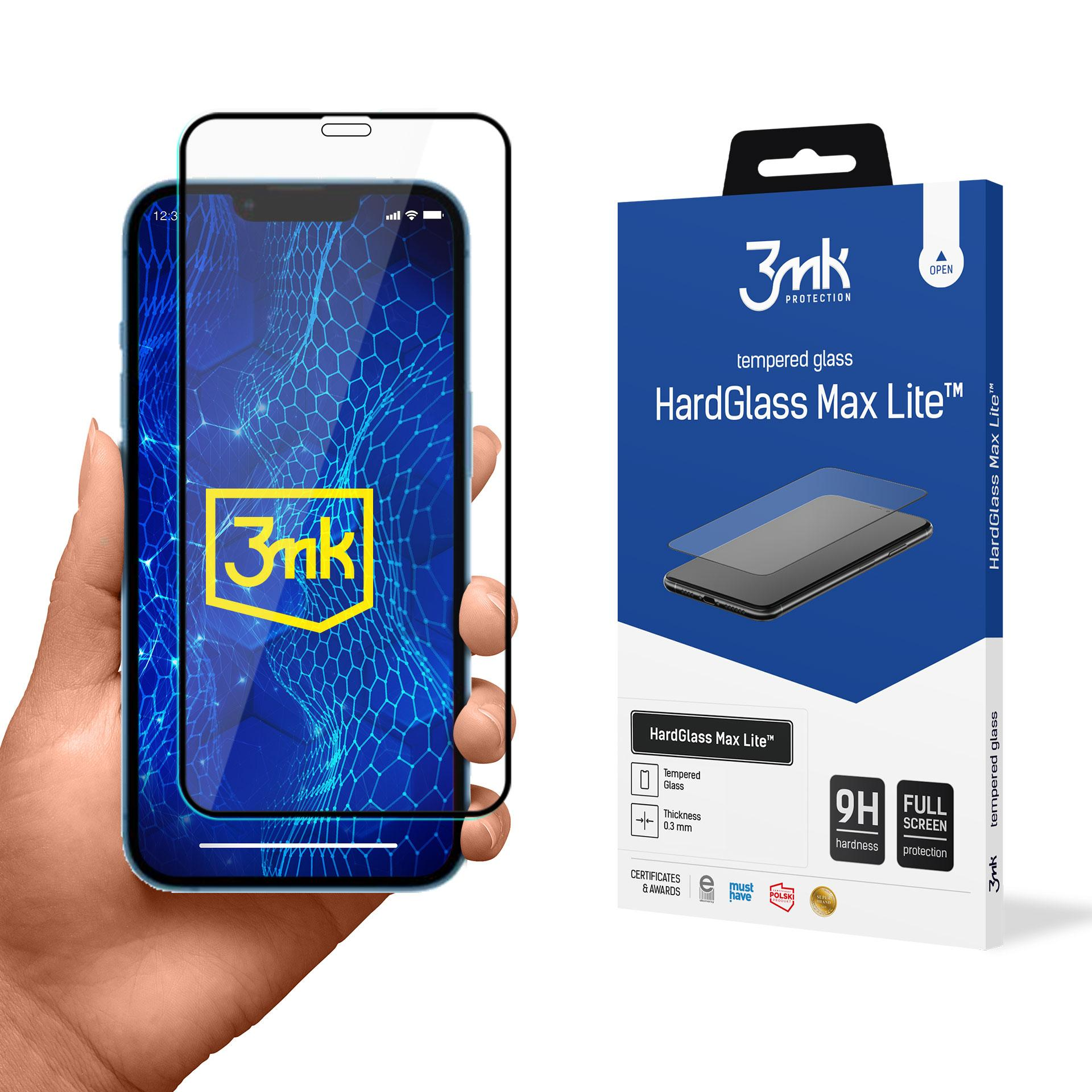 Una mano che tiene un telefono con una protezione per lo schermo, accanto a una scatola di vetro temperato, entrambi con il logo 3mk.