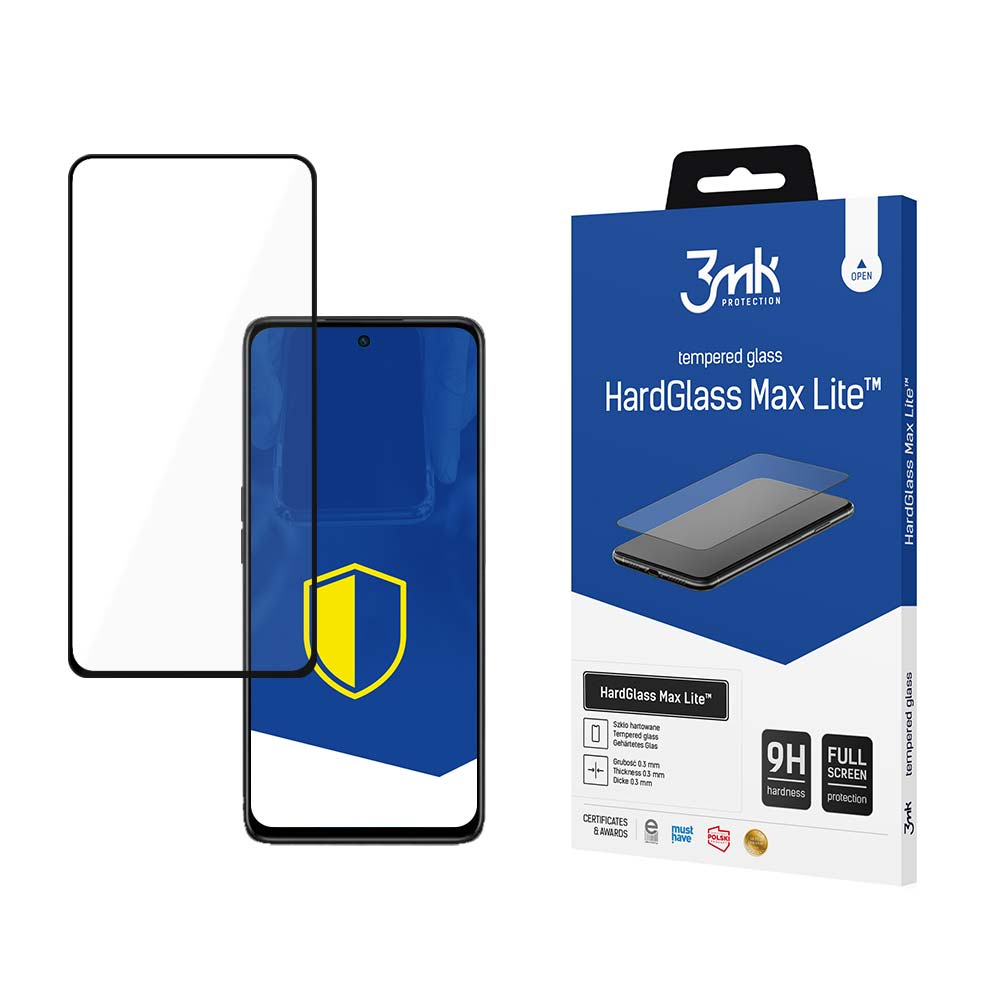 Un telefono con protezione schermo e una scatola 'HardGlass Max Lite'. La protezione è separata.