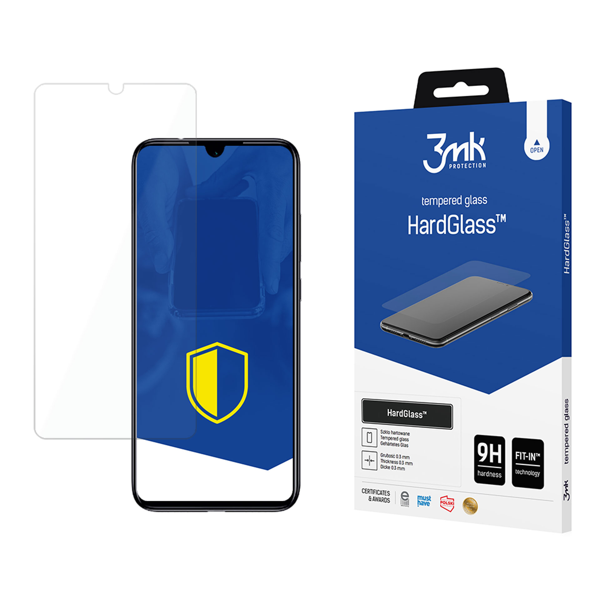 Uno schermo del telefono e vetro temperato accanto a una scatola blu. La scatola ha il marchio 3mk e il logo HardGlass.