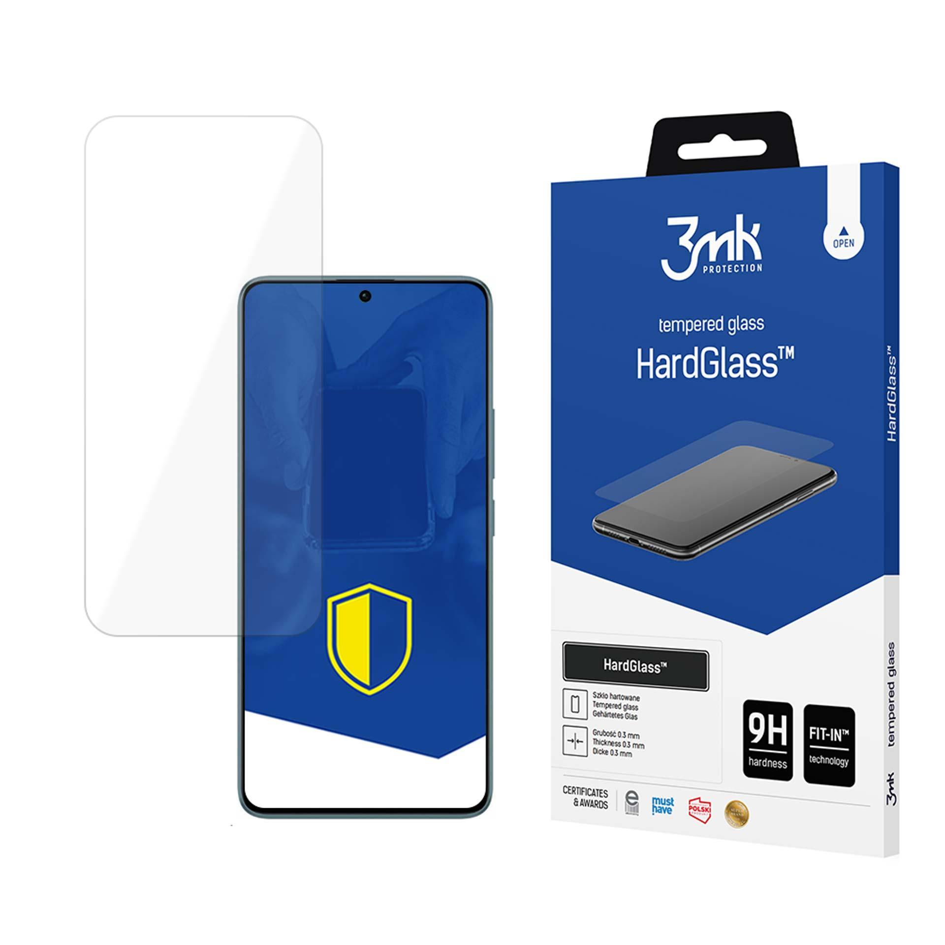 Un proteggi schermo per telefono e un telefono accanto a una scatola blu che mostra le caratteristiche del protettore.