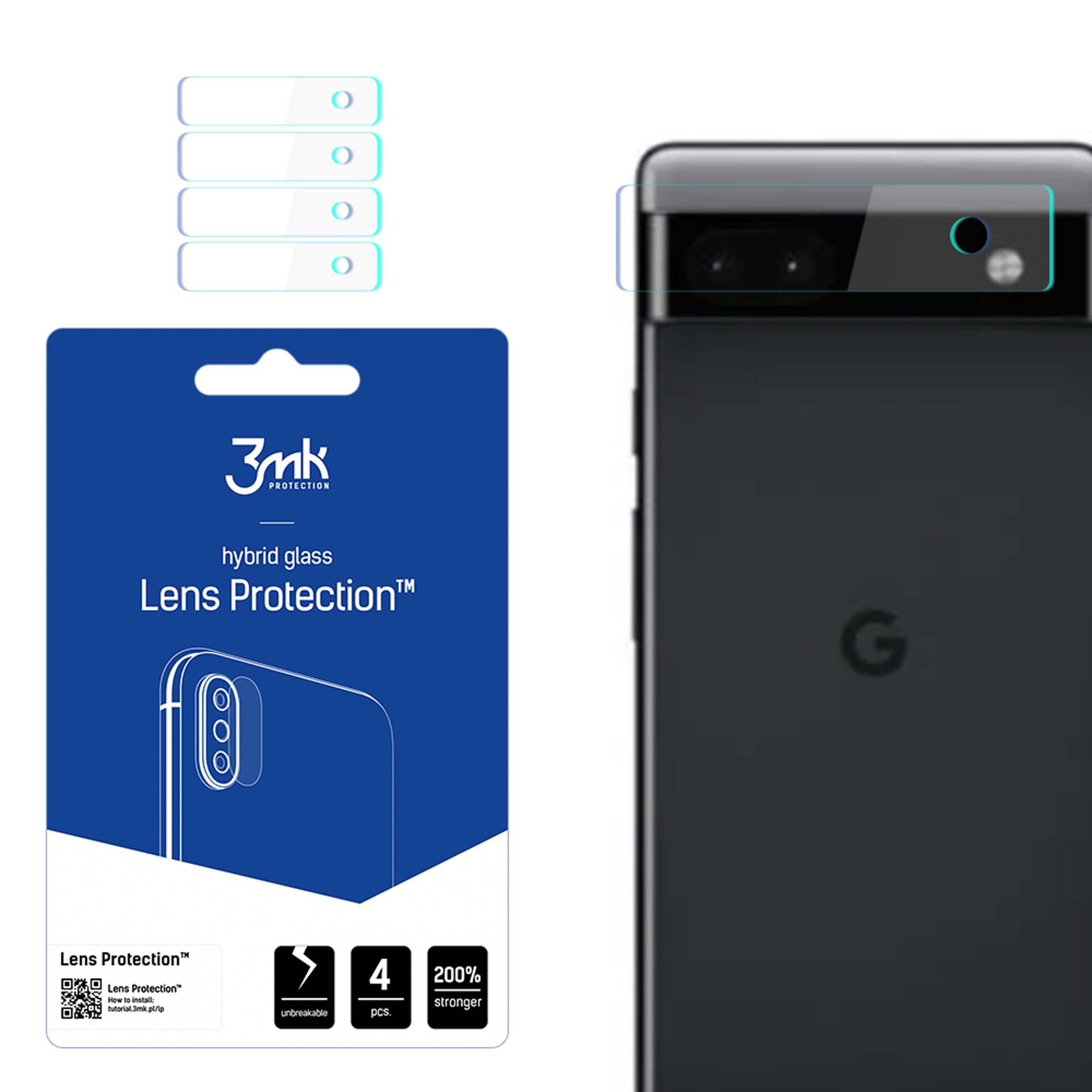 Un telefono con una protezione per lo schermo applicata. Un pacchetto con la protezione è a sinistra e quattro adesivi di protezione dello schermo in alto.