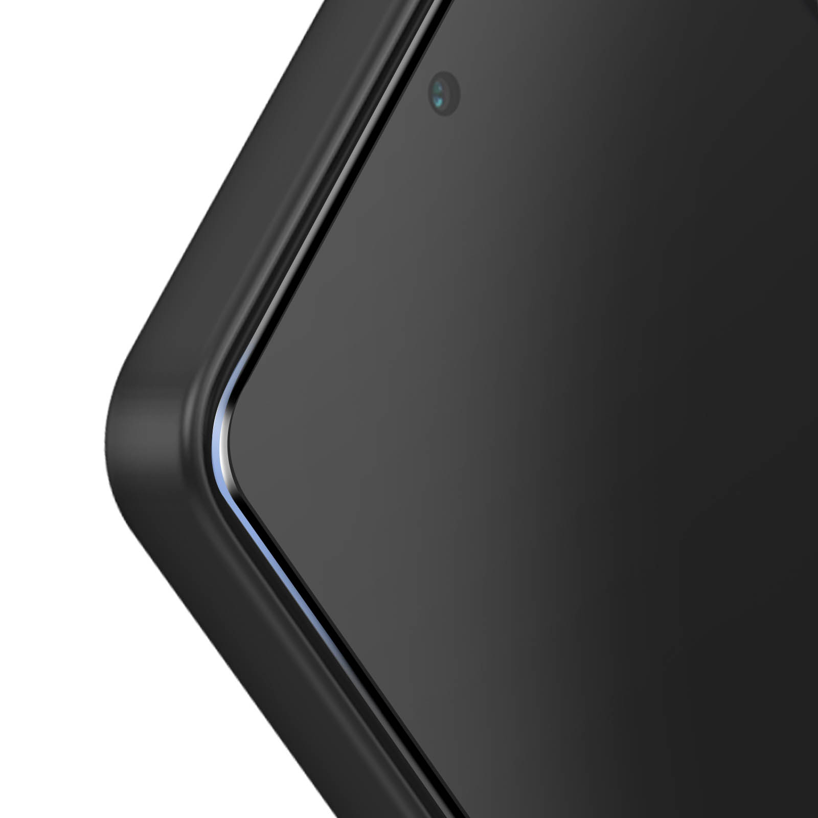 Zbliżenie czarnego telefonu. Widoczny obiektyw aparatu. Zakrzywiona krawędź ma niebieskie odbicie światła.