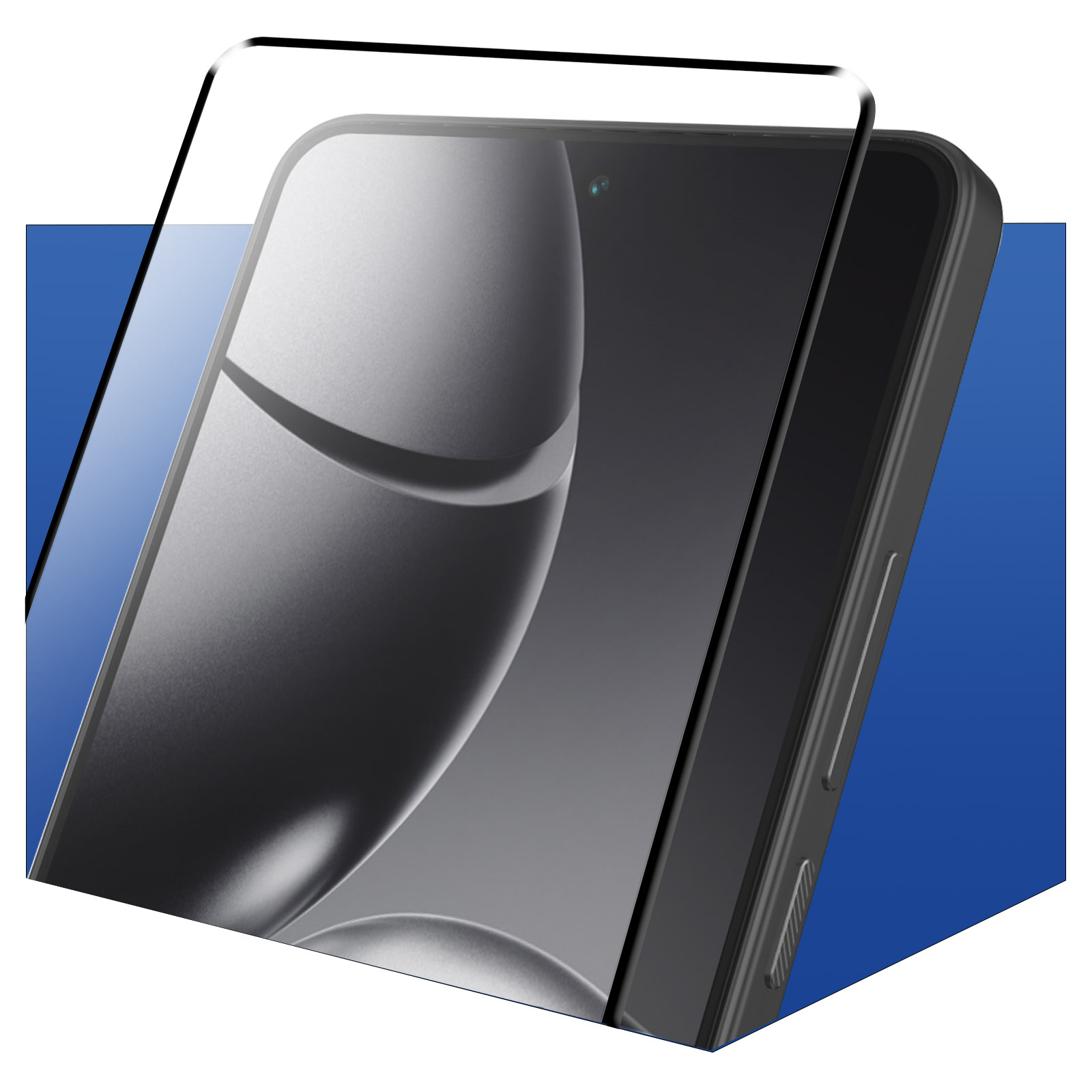 Smartfon z ochraniaczem ekranu. Telefon jest czarny, ochraniacz przezroczysty, a tło niebieskie.