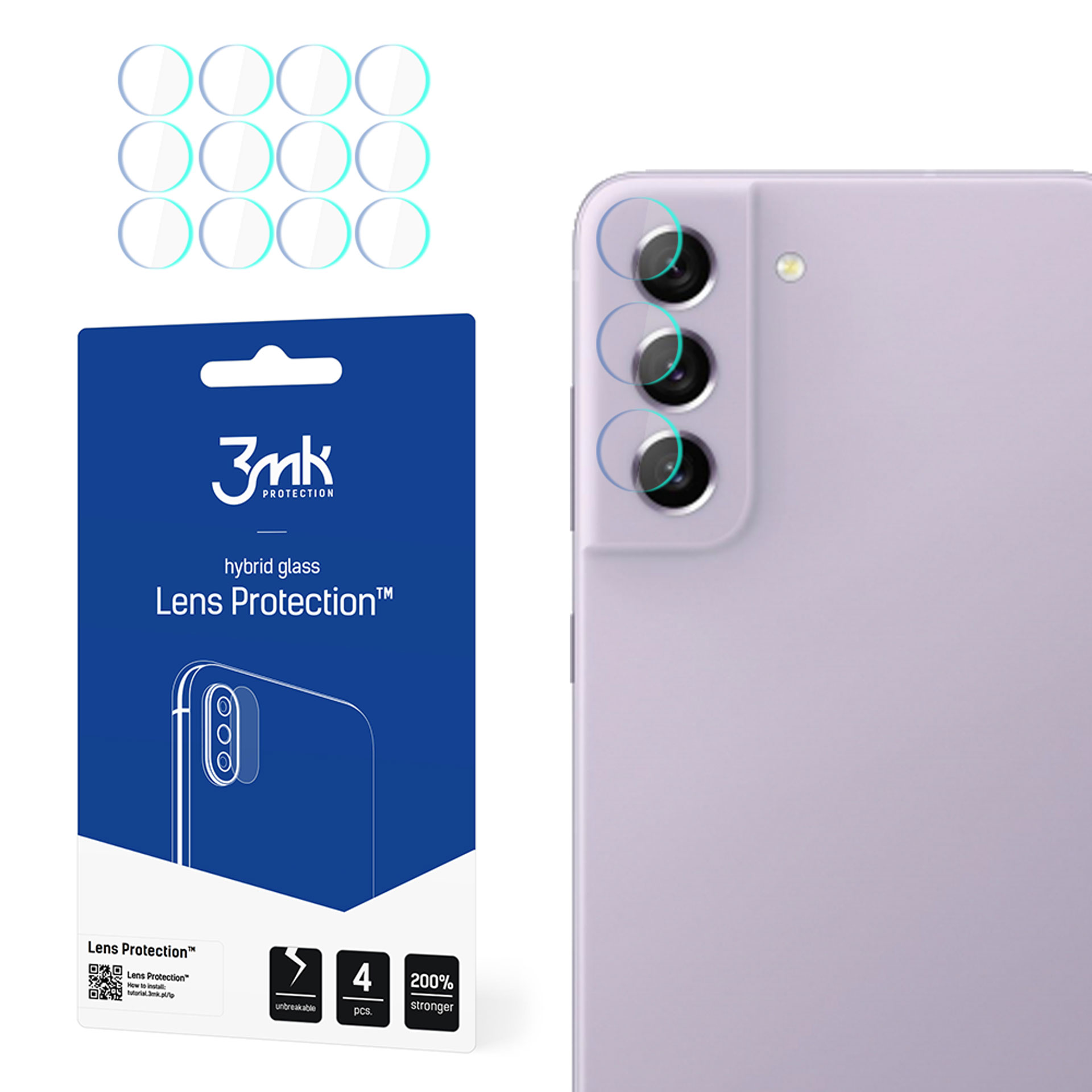 Un telefono e una confezione di protezioni per lenti. La confezione mostra un telefono con protezioni per lenti sulla fotocamera.