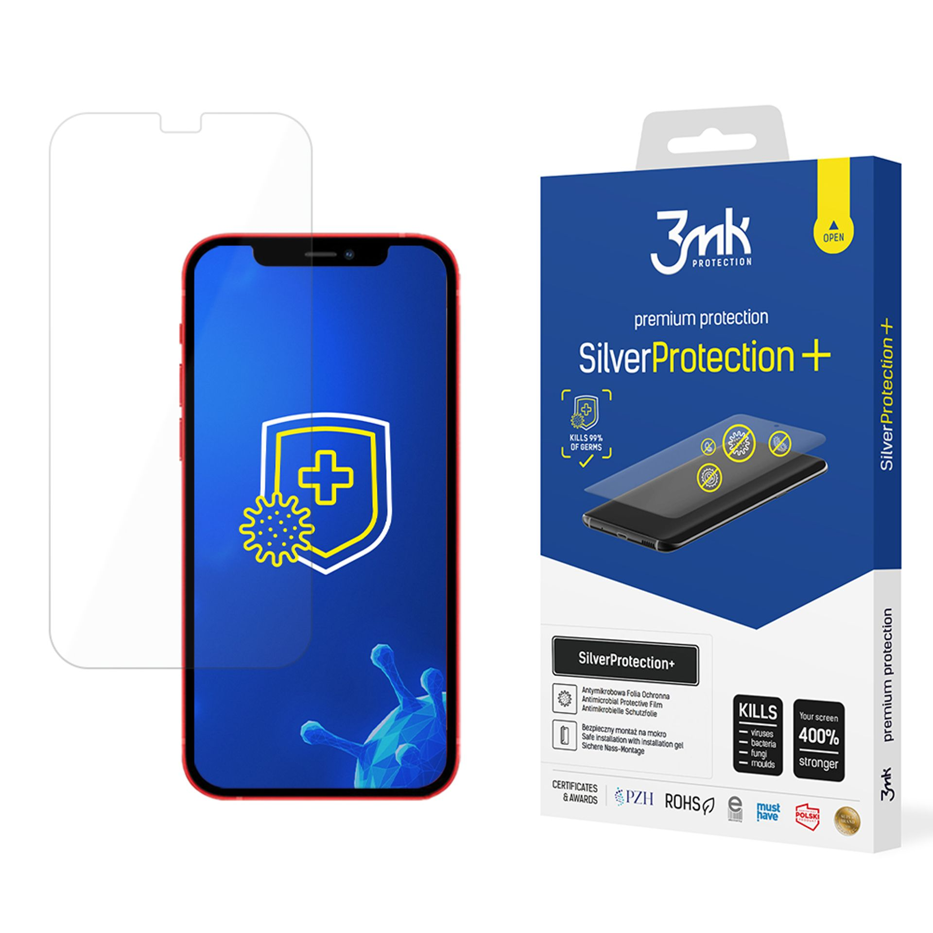 Un telefono con protezione schermo e confezione del prodotto. La confezione dice SilverProtection+ e uccide il 99% dei germi.