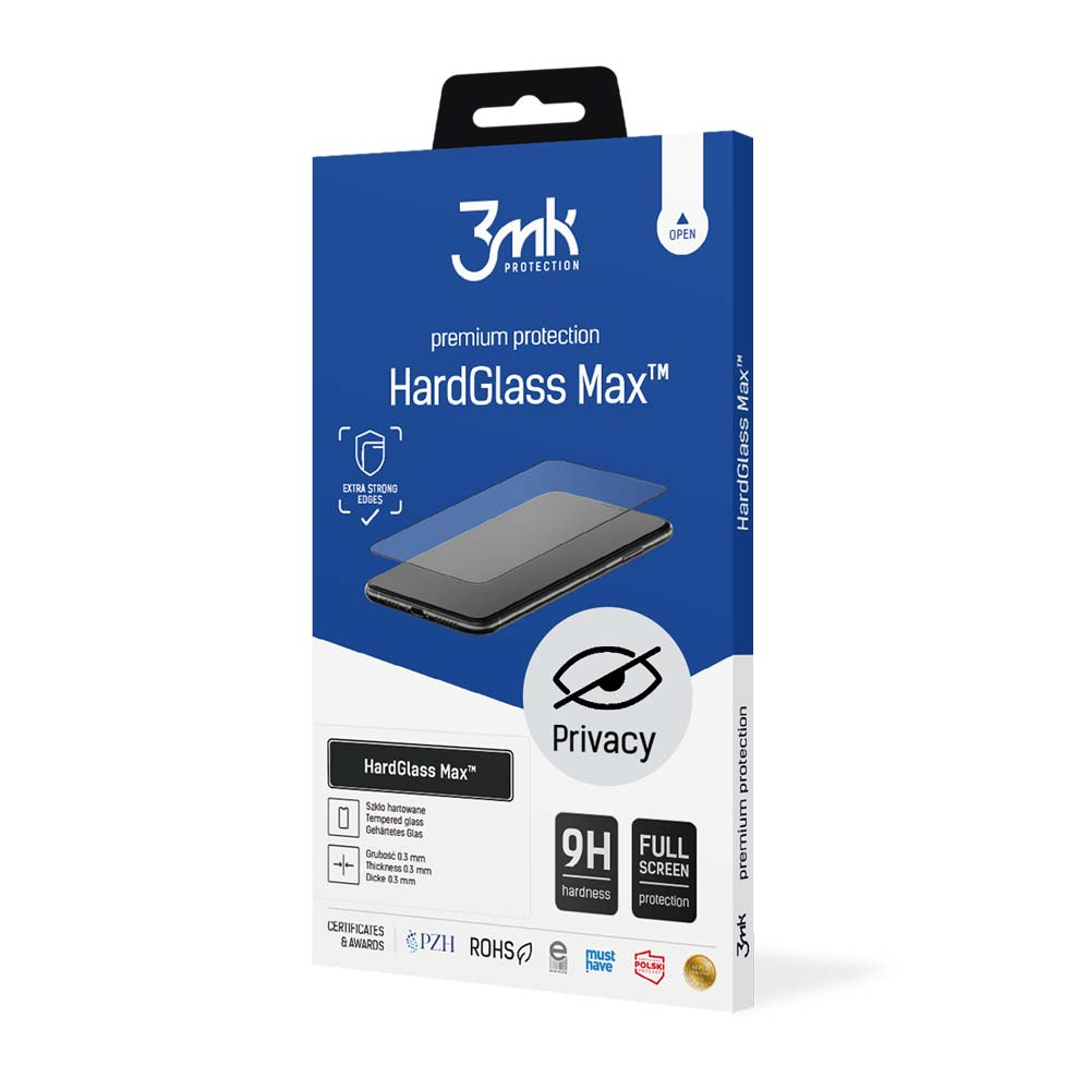 Una scatola con una protezione per lo schermo del telefono. È etichettata HardGlass Max con funzioni di privacy e durezza 9H.