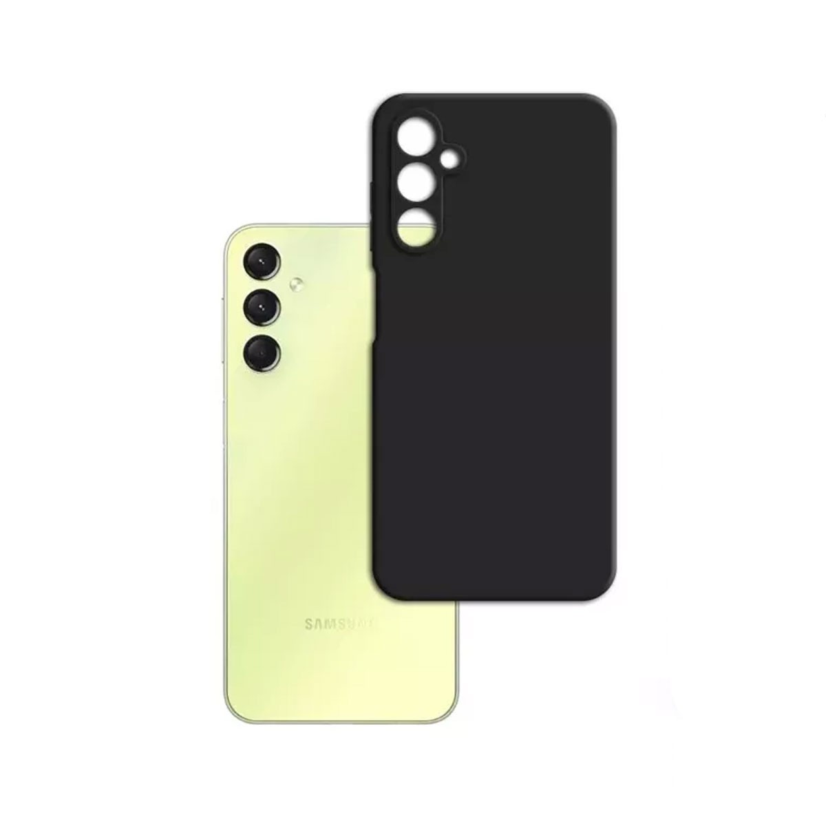 Jasnozielony telefon Samsung obok czarnego etui. Telefon ma trzy aparaty, etui ma otwory na aparaty.