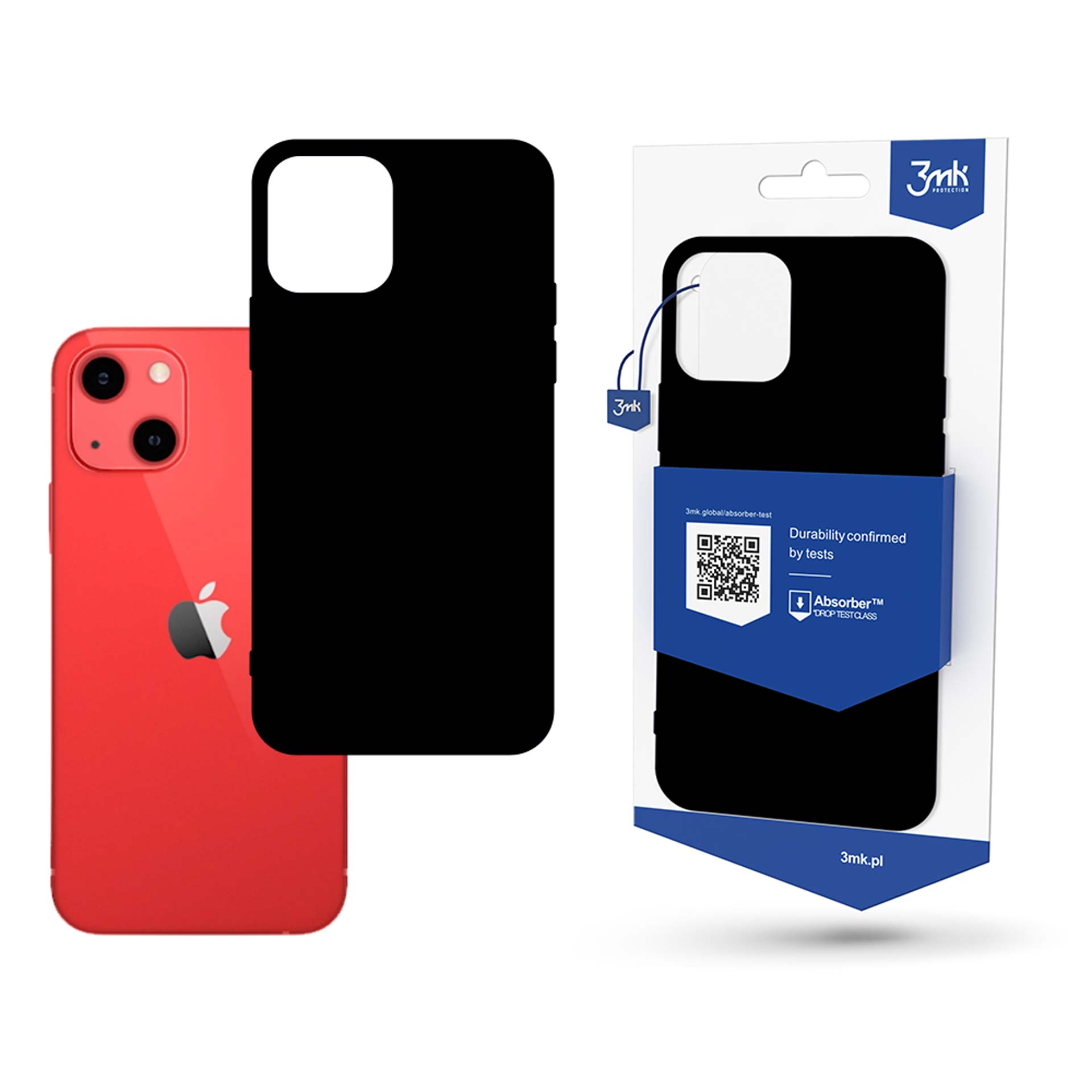 iPhone obok czarnego etui w opakowaniu. Czerwony iPhone, czarne etui, białe opakowanie z niebieskimi akcentami.