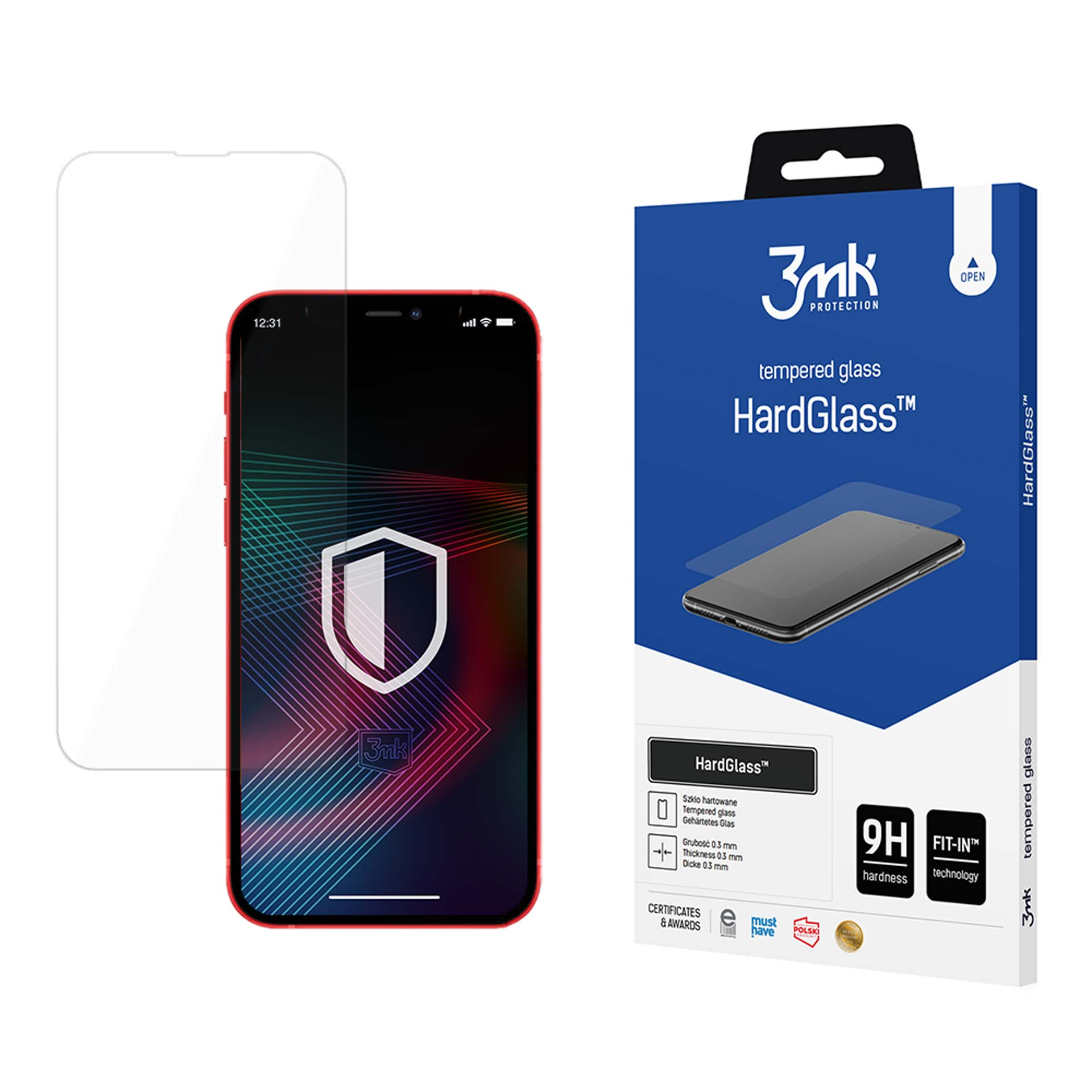 Uno smartphone mostra un'icona a scudo. Accanto, una scatola blu con confezione in vetro temperato.