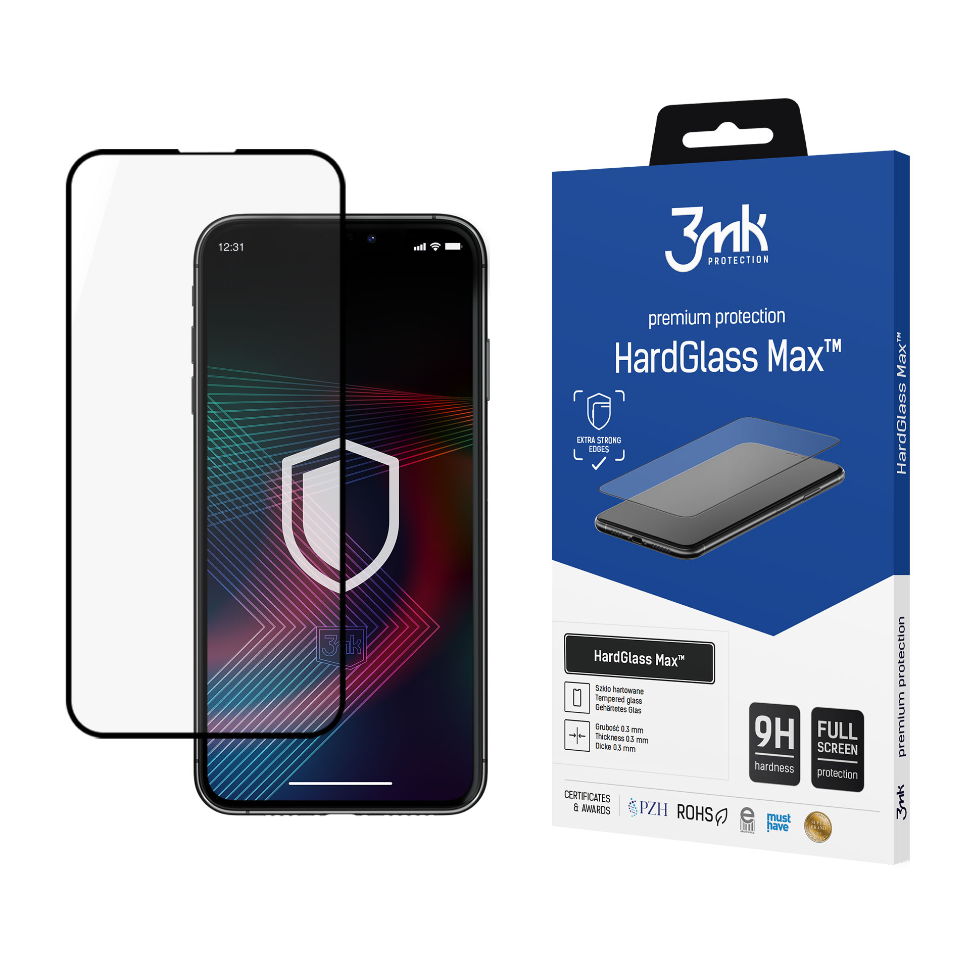 Uno smartphone e una protezione schermo sono esposti accanto a una scatola blu, etichettata HardGlass Max.