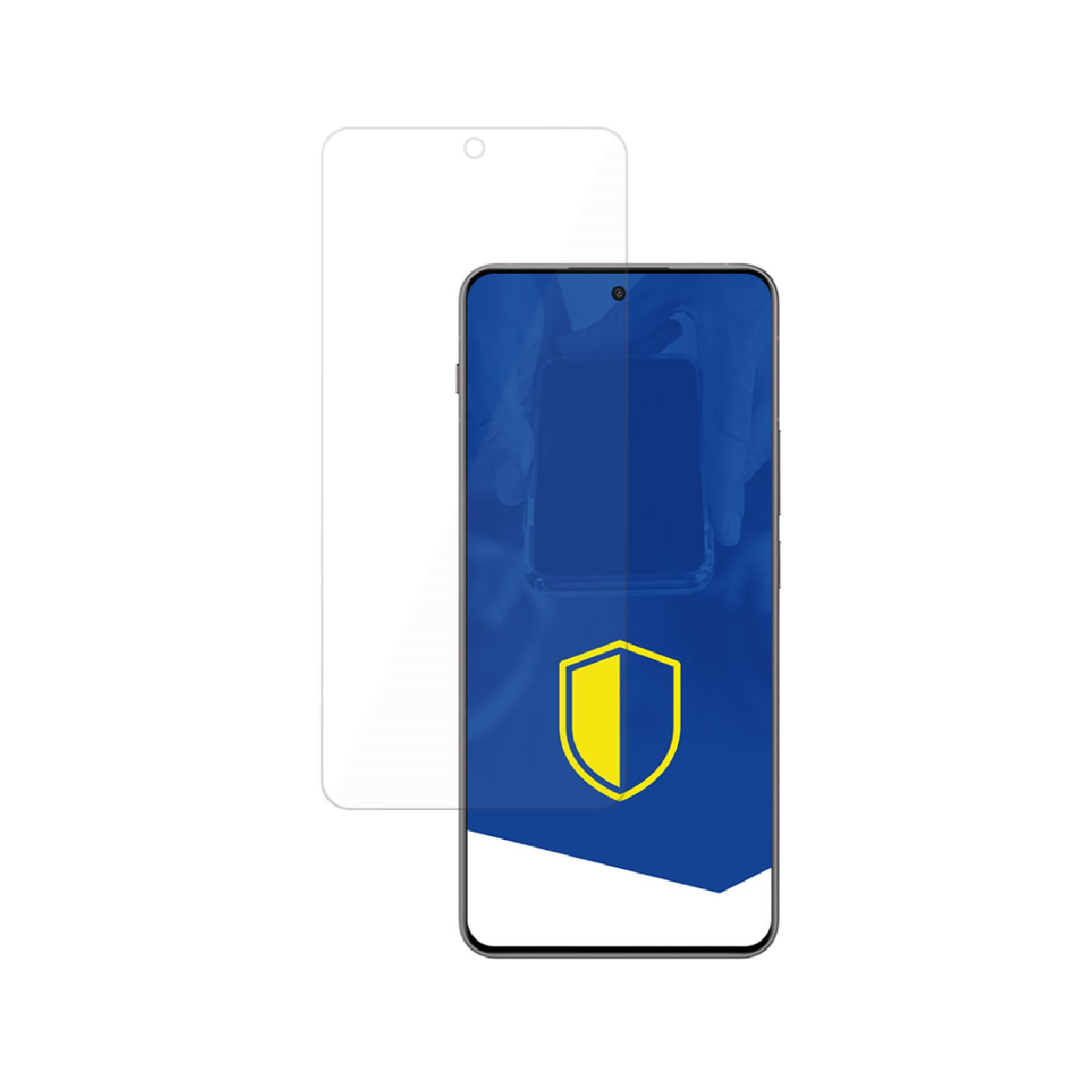 Smartfon z osłoną ekranu. Telefon wyświetla niebieskie i żółte logo tarczy. Tło jest białe.