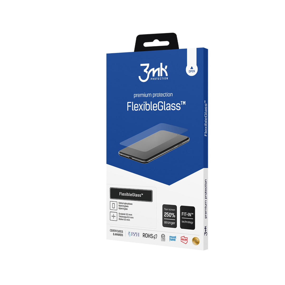 Niebieskie pudełko z ochraniaczem ekranu. Tekst: 'FlexibleGlass', '3mk protection' i certyfikaty.