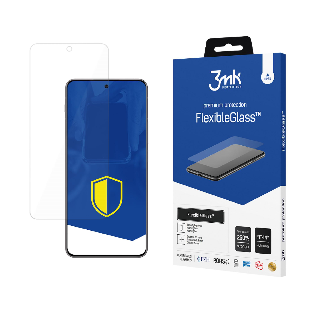 Smartfon i ochraniacz ekranu są wyświetlane obok pudełka produktu. Na pudełku znajduje się napis 'FlexibleGlass'.