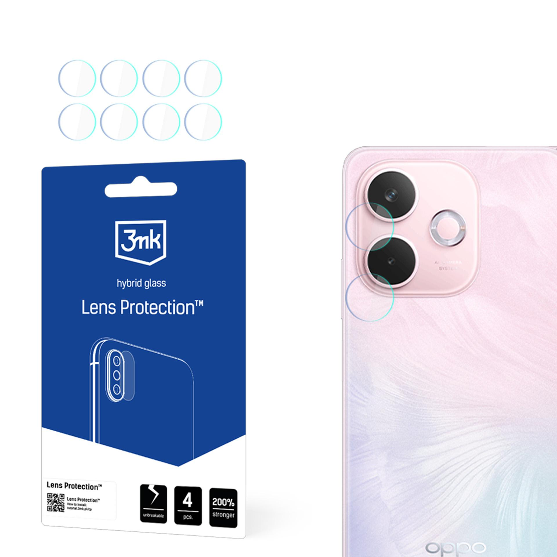 Un telefono con copriobiettivo protettivi e una confezione 3mk Lens Protection. Il telefono è rosa e bianco.