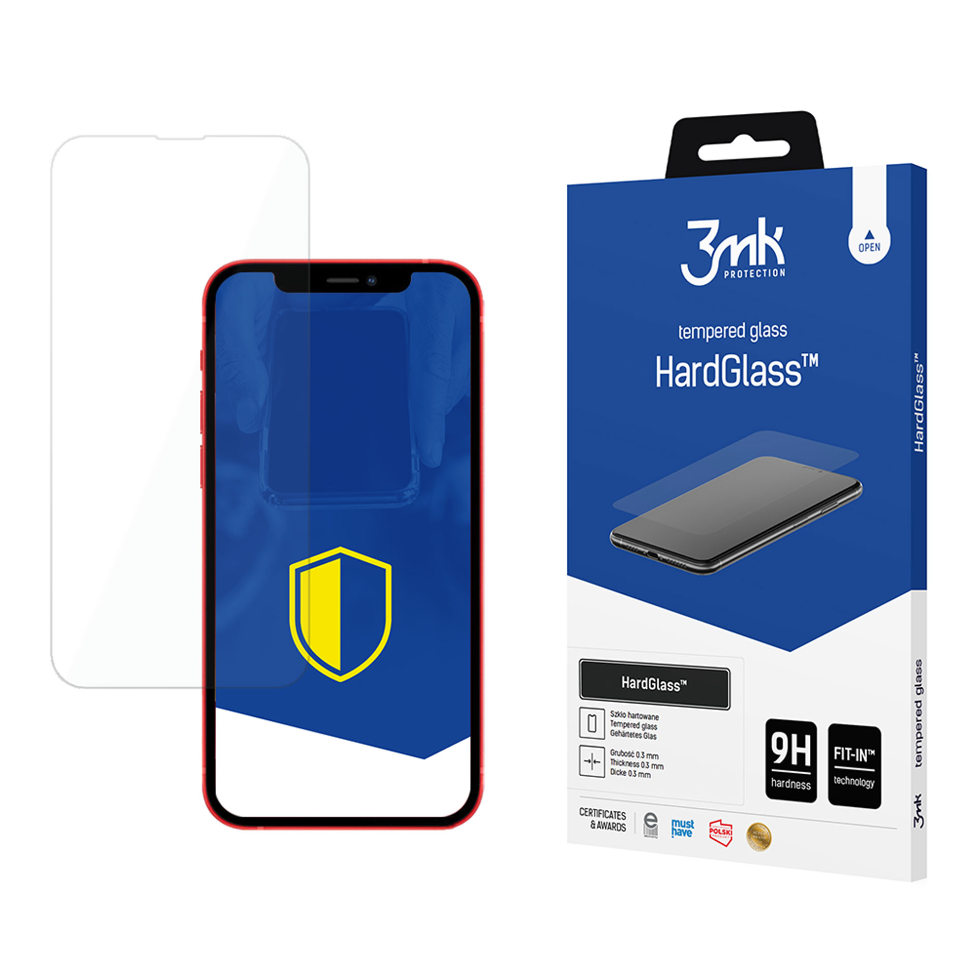 Un telefono con cornice rossa e protezione schermo, accanto a una scatola HardGlass blu e bianca.