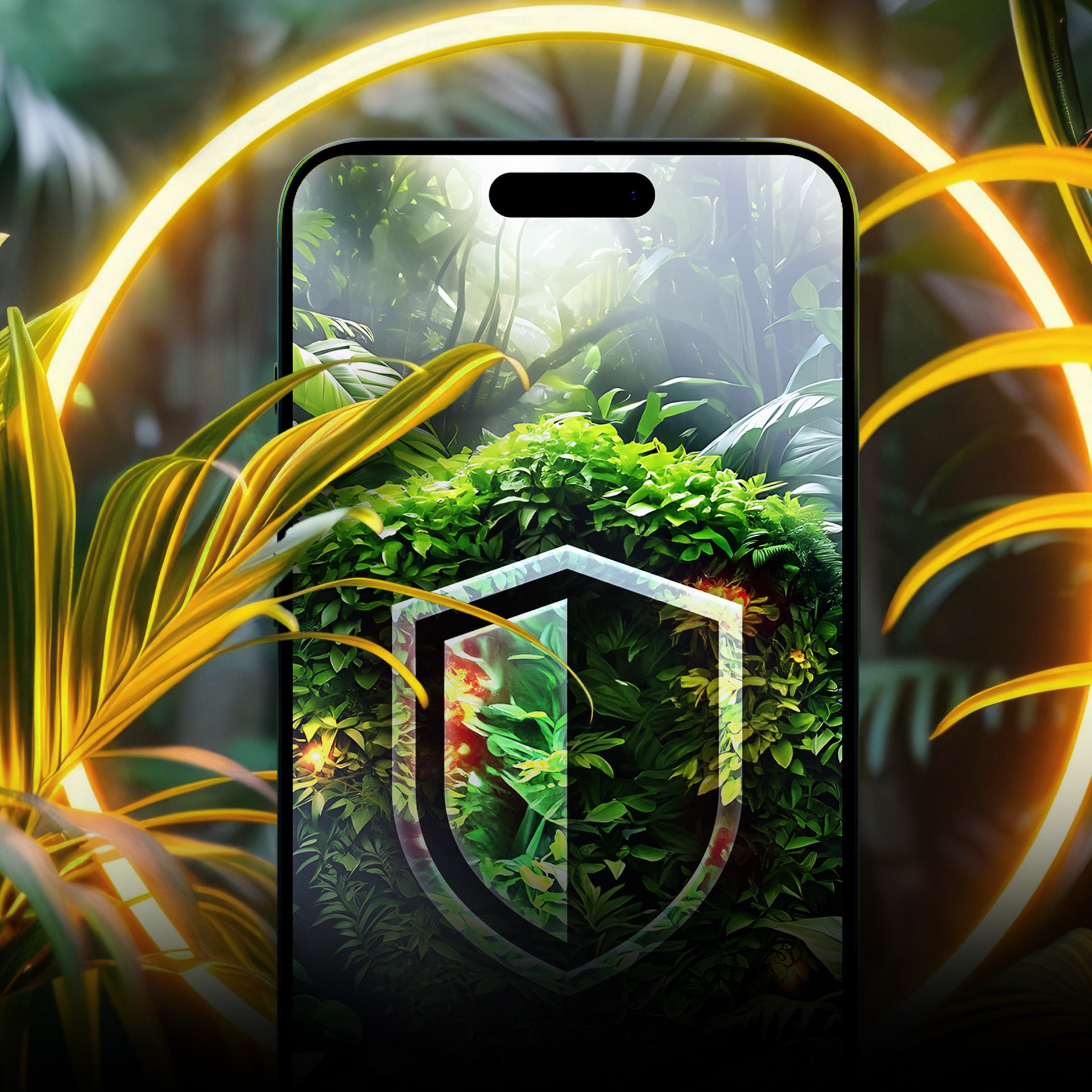 Smartphone con scena della giungla, icona scudo, circondato da linee luminose e foglie giallo-verdi.
