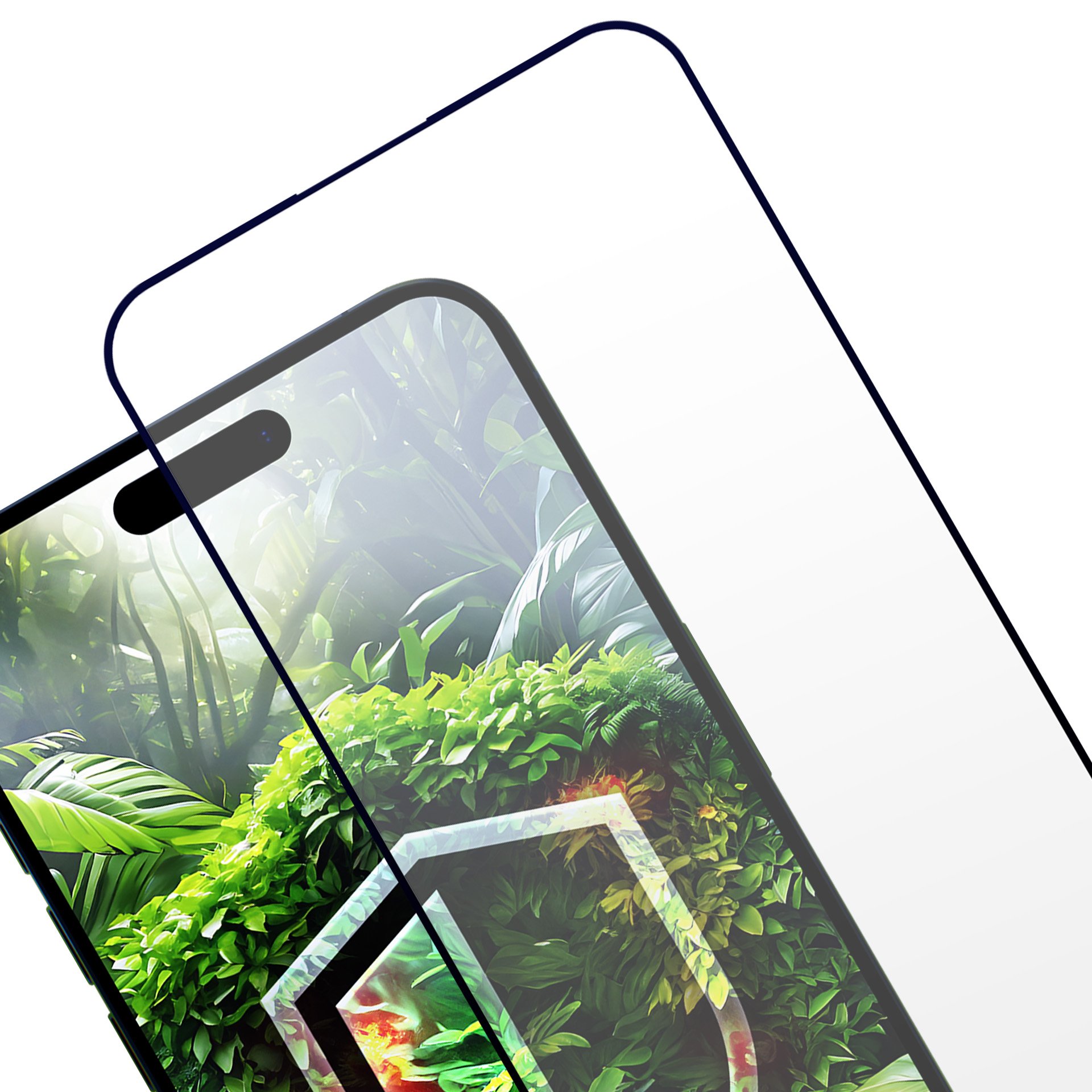 Smartphone con scena della giungla sullo schermo. Uno schermo protettivo è sopra. Sfondo bianco.