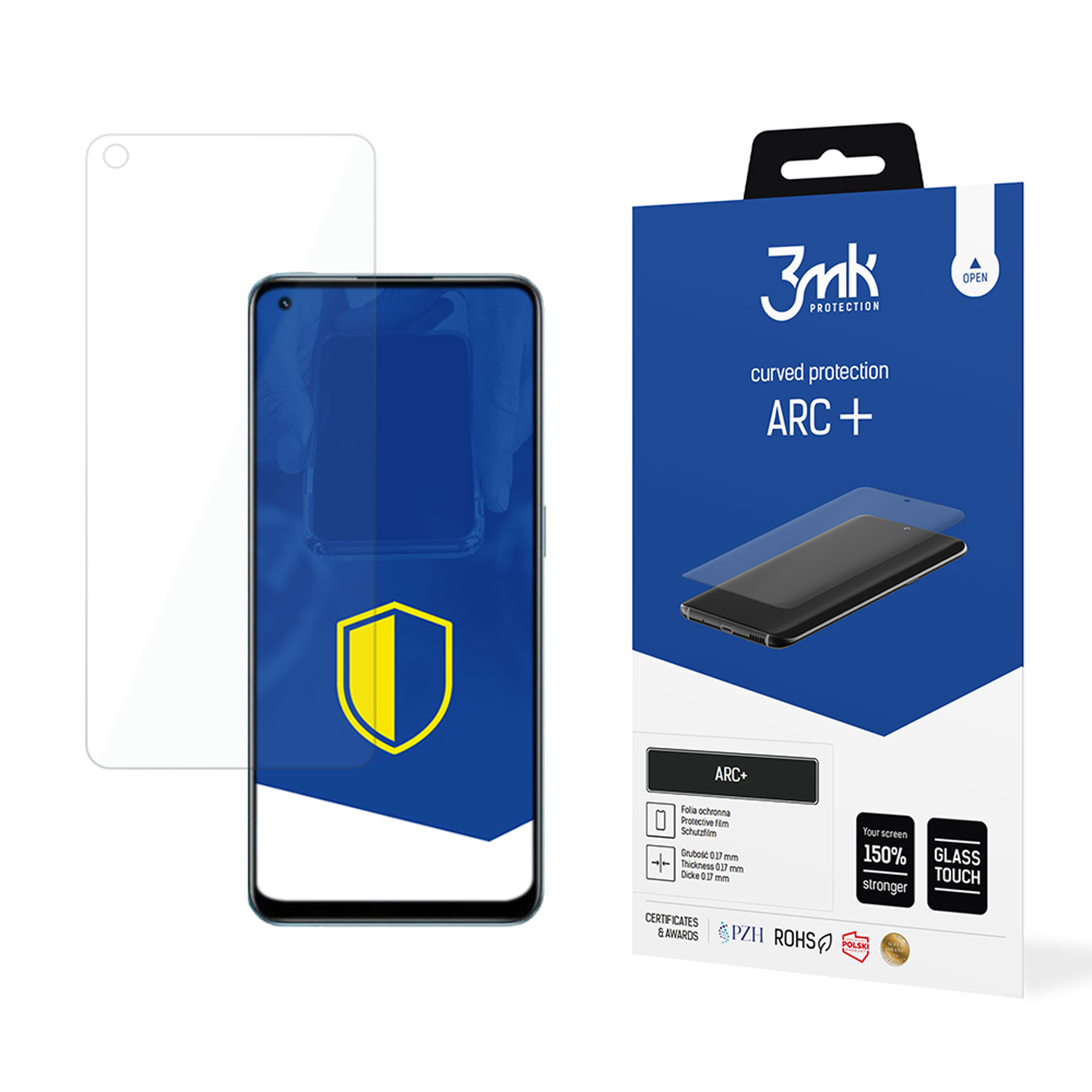 Un proteggi schermo e un telefono sono esposti con una scatola blu e bianca. Il proteggi schermo è trasparente.