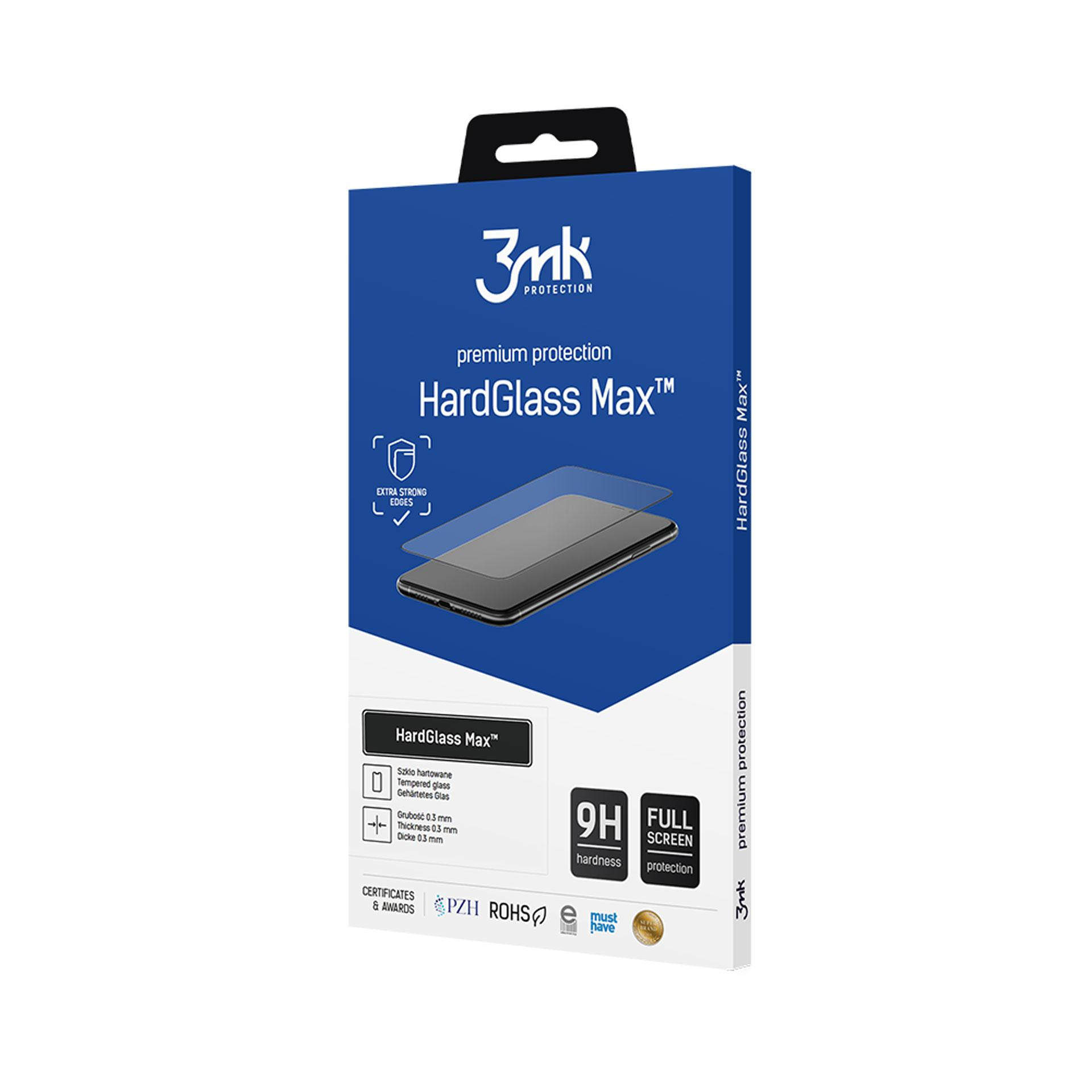 Una scatola blu e bianca 3mk HardGlass Max per la protezione dello schermo. Ha un'immagine del telefono e dettagli.