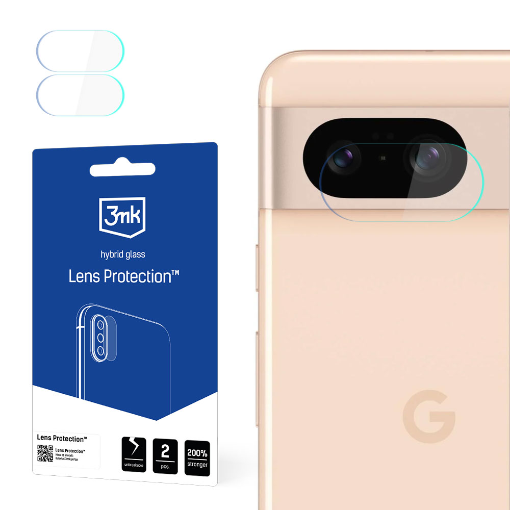 Un telefono e protezioni per lenti a destra. La confezione a sinistra mostra le protezioni per la lente del telefono, con il marchio.