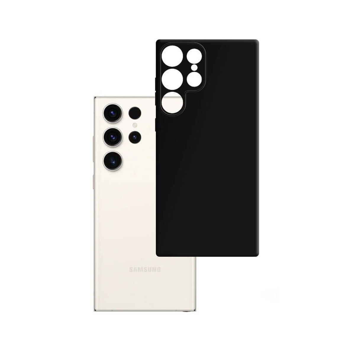 Biały telefon Samsung i czarne etui leżą obok siebie. Telefon ma aparaty z tyłu.