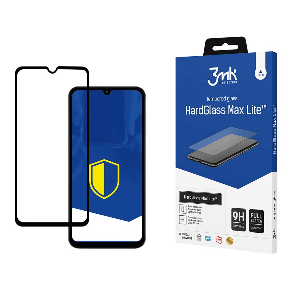Un proteggi schermo accanto a un telefono e a una scatola. La scatola dice 'HardGlass Max Lite' e '9H di durezza'.