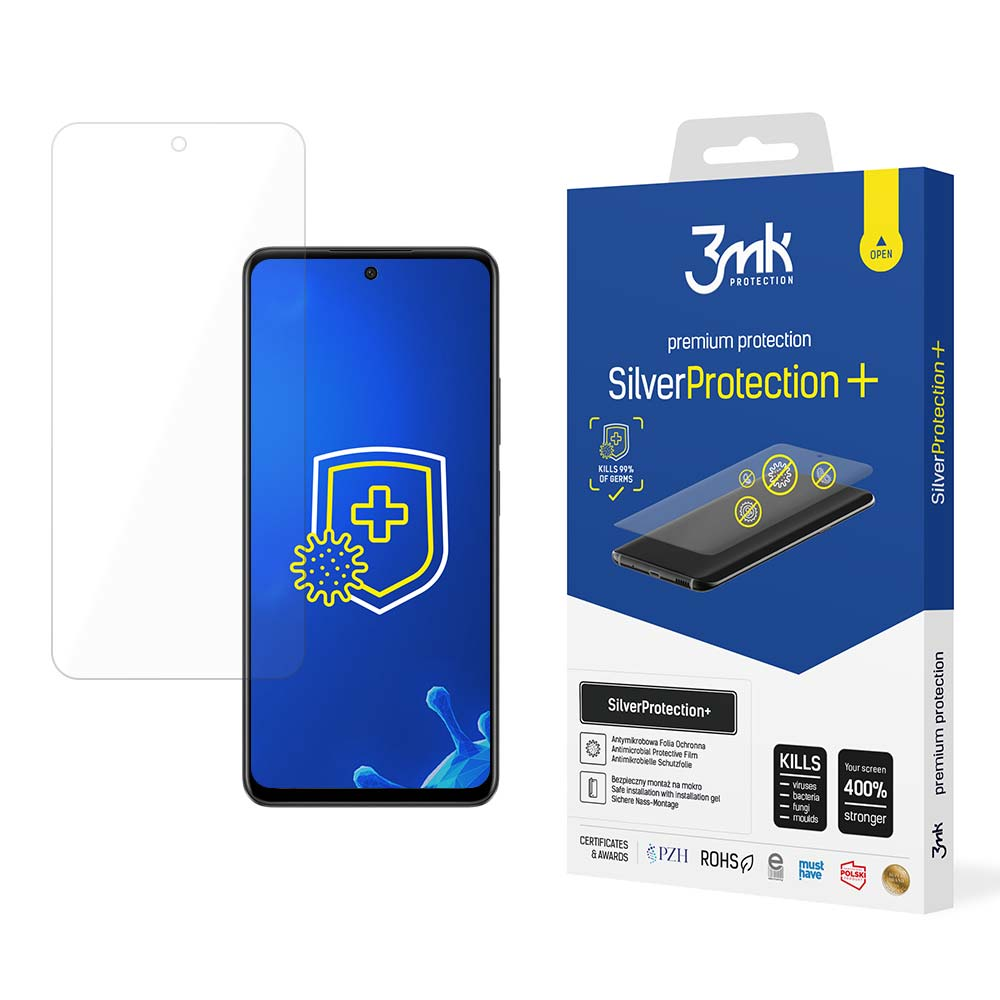 Un proteggi schermo e la sua confezione. Il proteggi schermo è su un telefono. La confezione è blu e bianca.