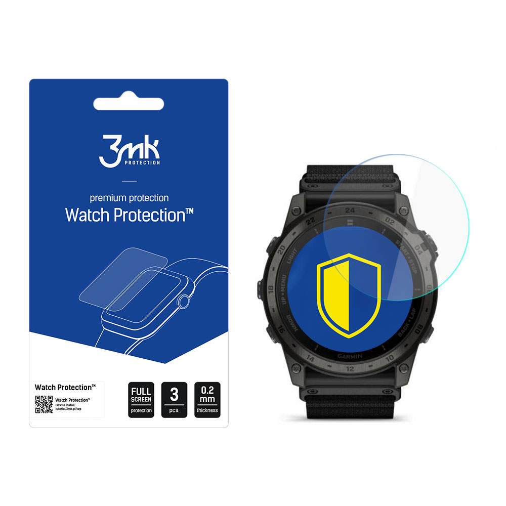 Un orologio con una protezione per lo schermo accanto a una confezione blu con le parole Watch Protection e un'icona a scudo.