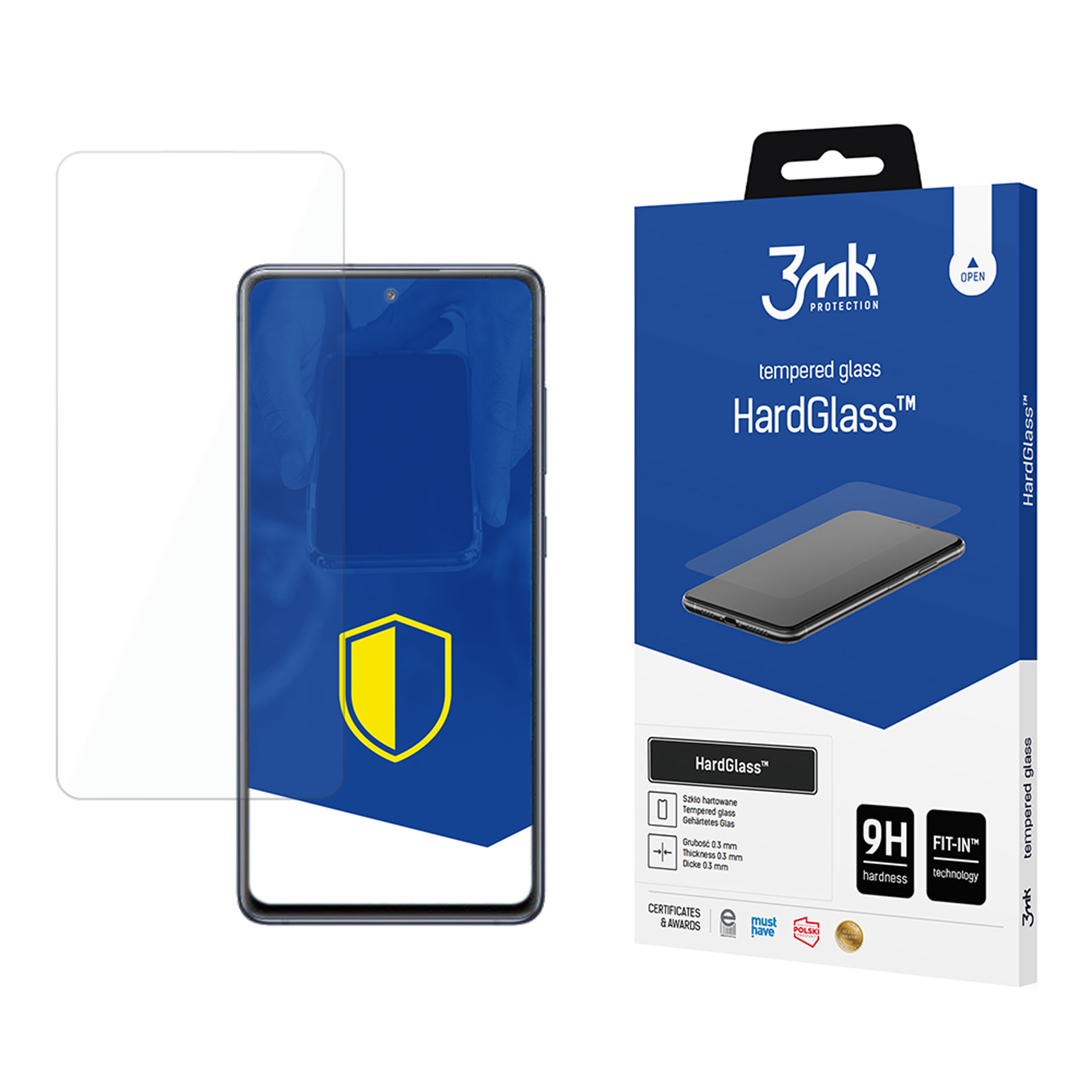 Una scatola di protezione per schermo del telefono e un telefono su sfondo bianco. La scatola dice HardGlass.