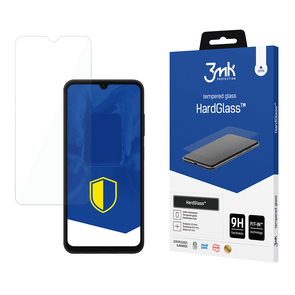 Smartphone con vetro protettivo e scatola. La scatola è blu con il marchio 3mk e HardGlass. Il vetro è trasparente.