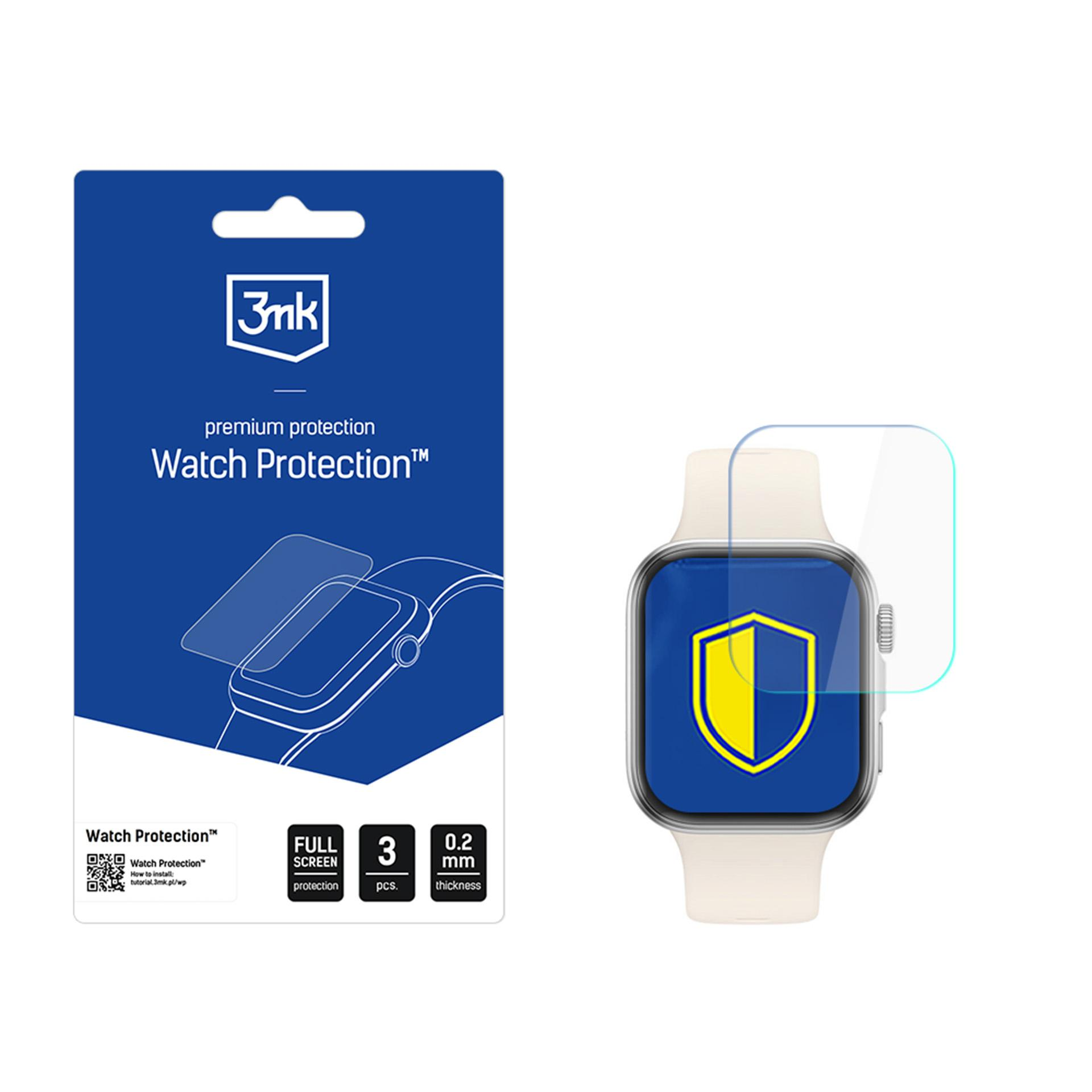 Wyświetlany jest ochraniacz ekranu zegarka i zegarek. Opakowanie ochraniacza jest niebieskie, zegarek jest biały. Logo tarczy znajduje się na zegarku.