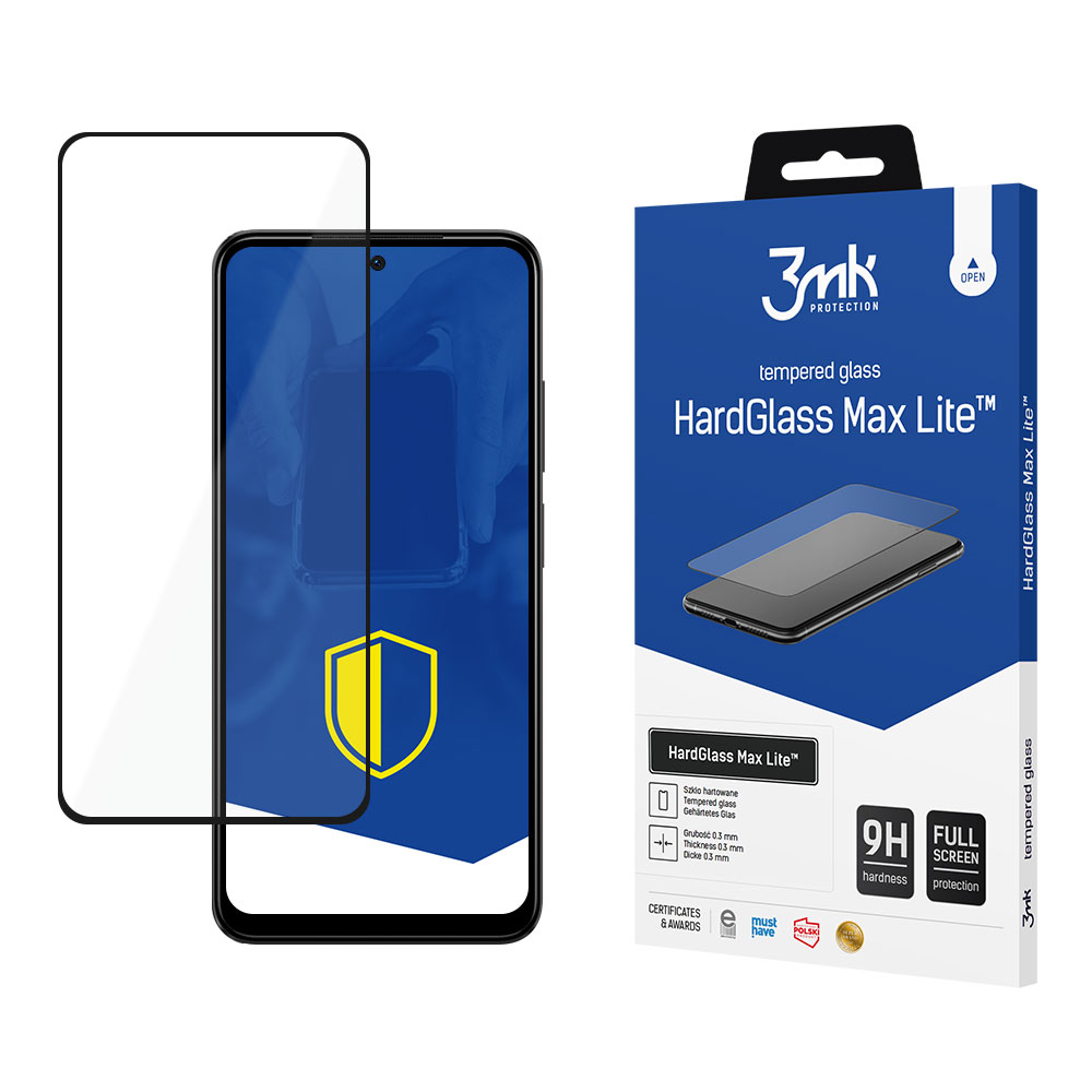 Uno smartphone e una protezione schermo sono esposti accanto a una scatola. La scatola riporta il nome HardGlass Max Lite e un grado di durezza 9H.