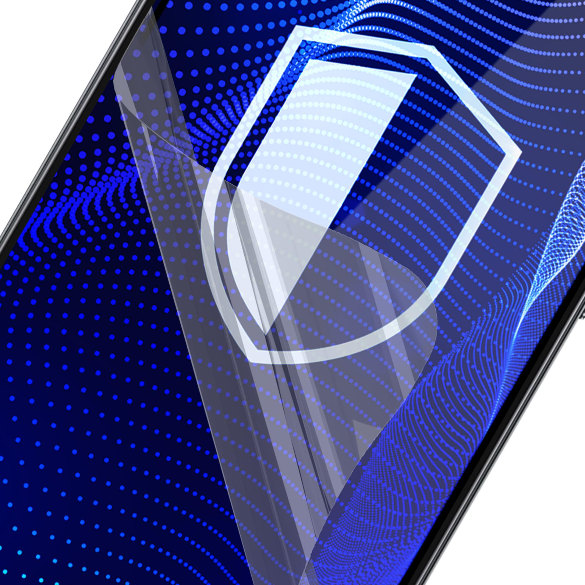 Smartfon z ochroną ekranu. Niebieski wzór w kropki. Biały kształt tarczy na ekranie.