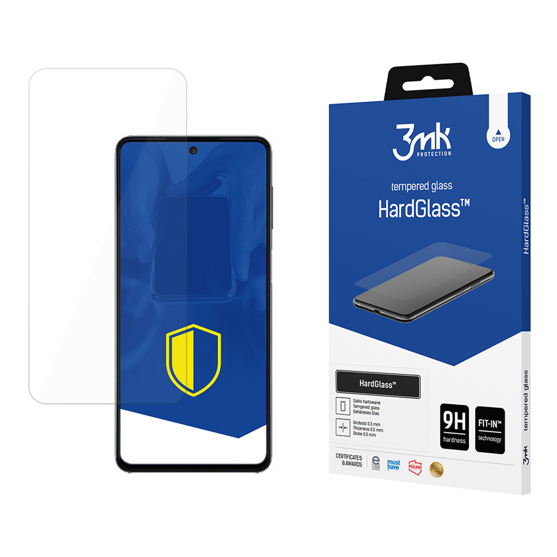 Smartfon z ochraniaczem ekranu i niebieskie pudełko ze szkłem hartowanym. Pudełko jest oznaczone HardGlass i 3mk Protection.