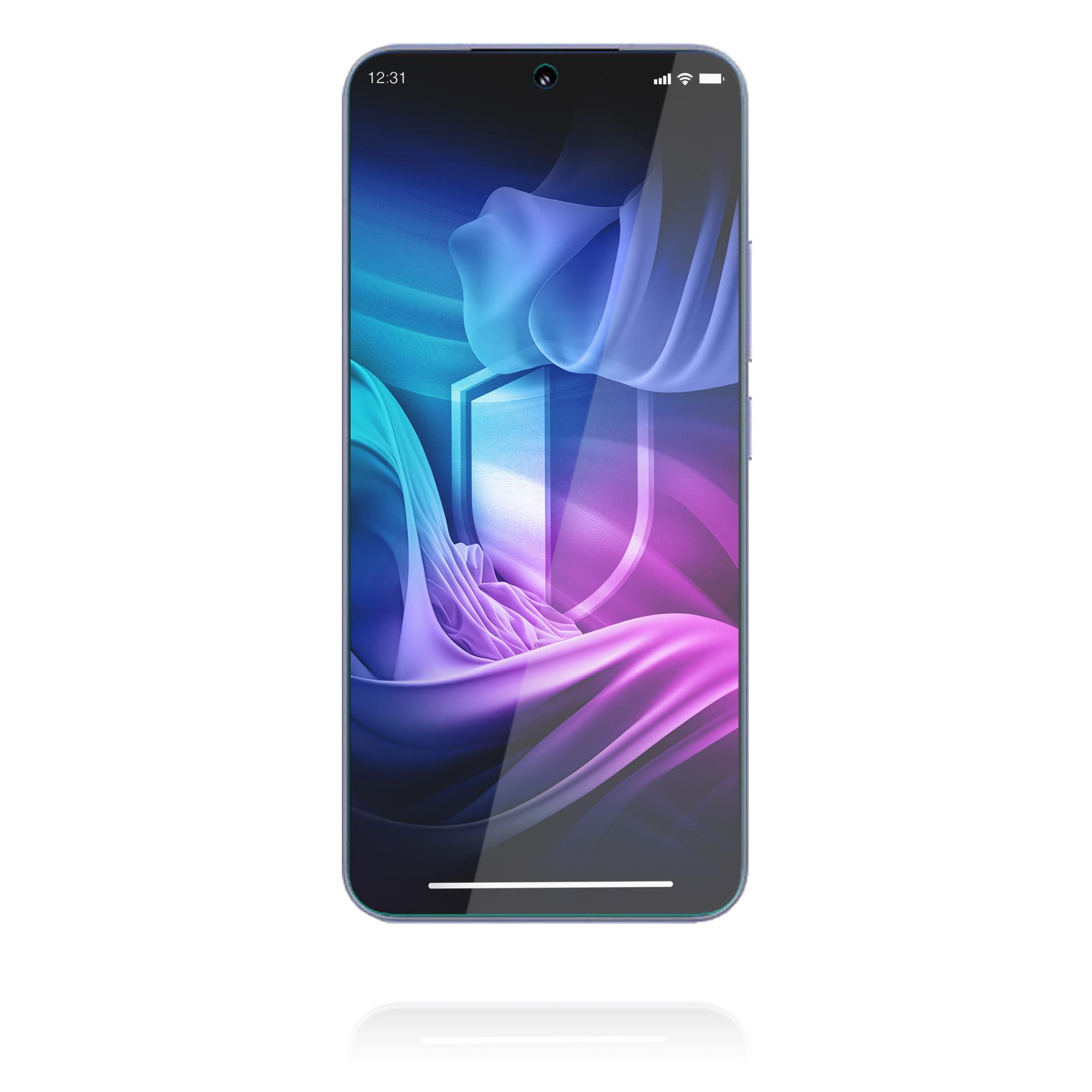 Smartfon z abstrakcyjną grafiką w odcieniach niebieskiego i różowego. Na ekranie tarcza.