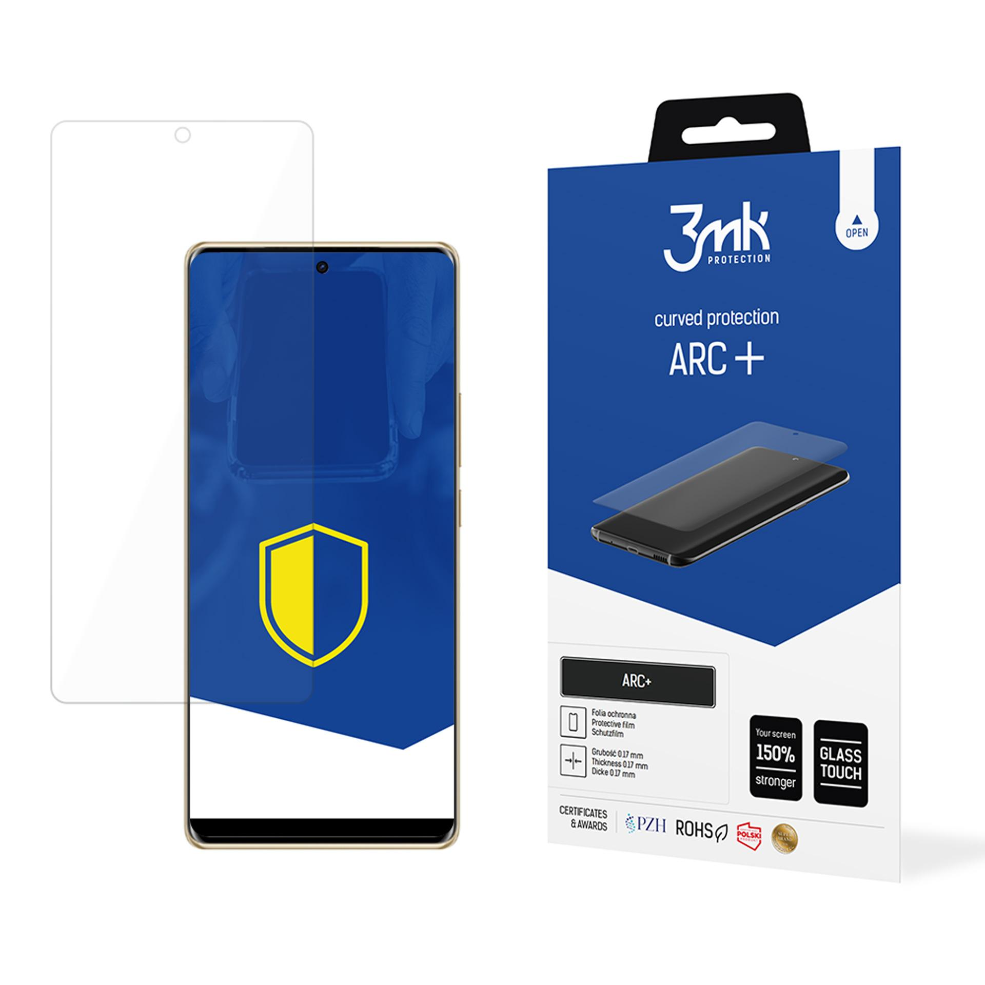 Ochraniacz ekranu i telefon są wyświetlane z pudełkiem produktu, z logo marki i szczegółami produktu.
