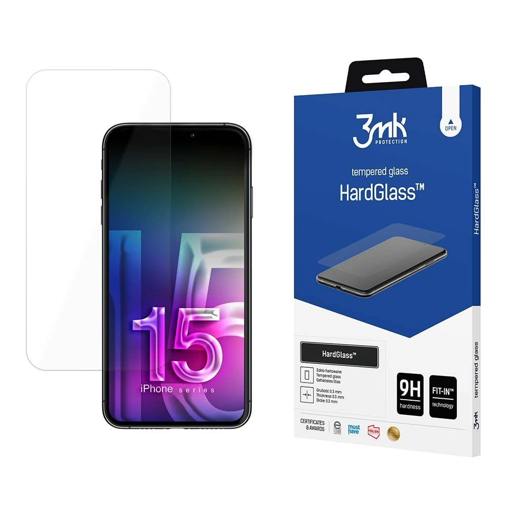 Un proteggi schermo per iPhone 15 accanto al telefono. Una scatola di vetro temperato a destra.