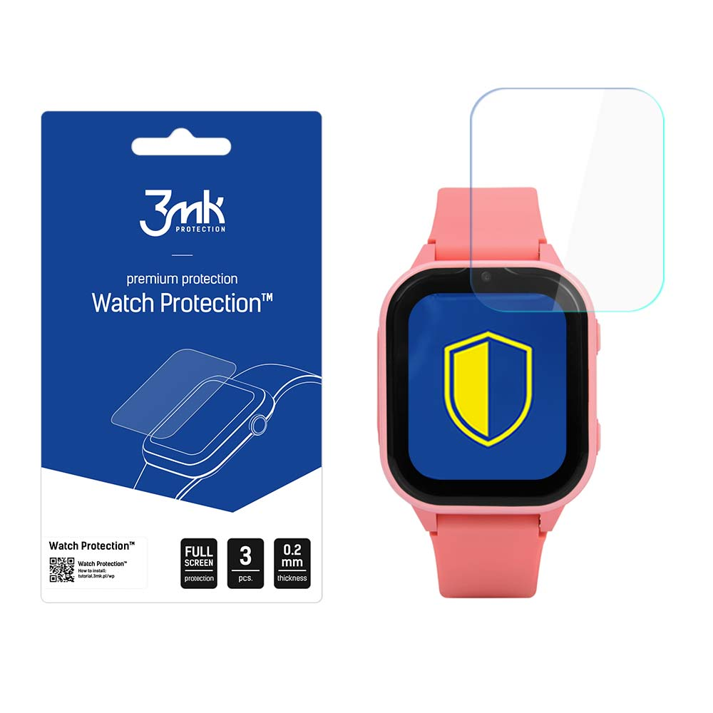 Różowy smartwatch z ochraniaczem ekranu obok niebieskiego opakowania. Opakowanie reklamuje ochronę ekranu zegarka.