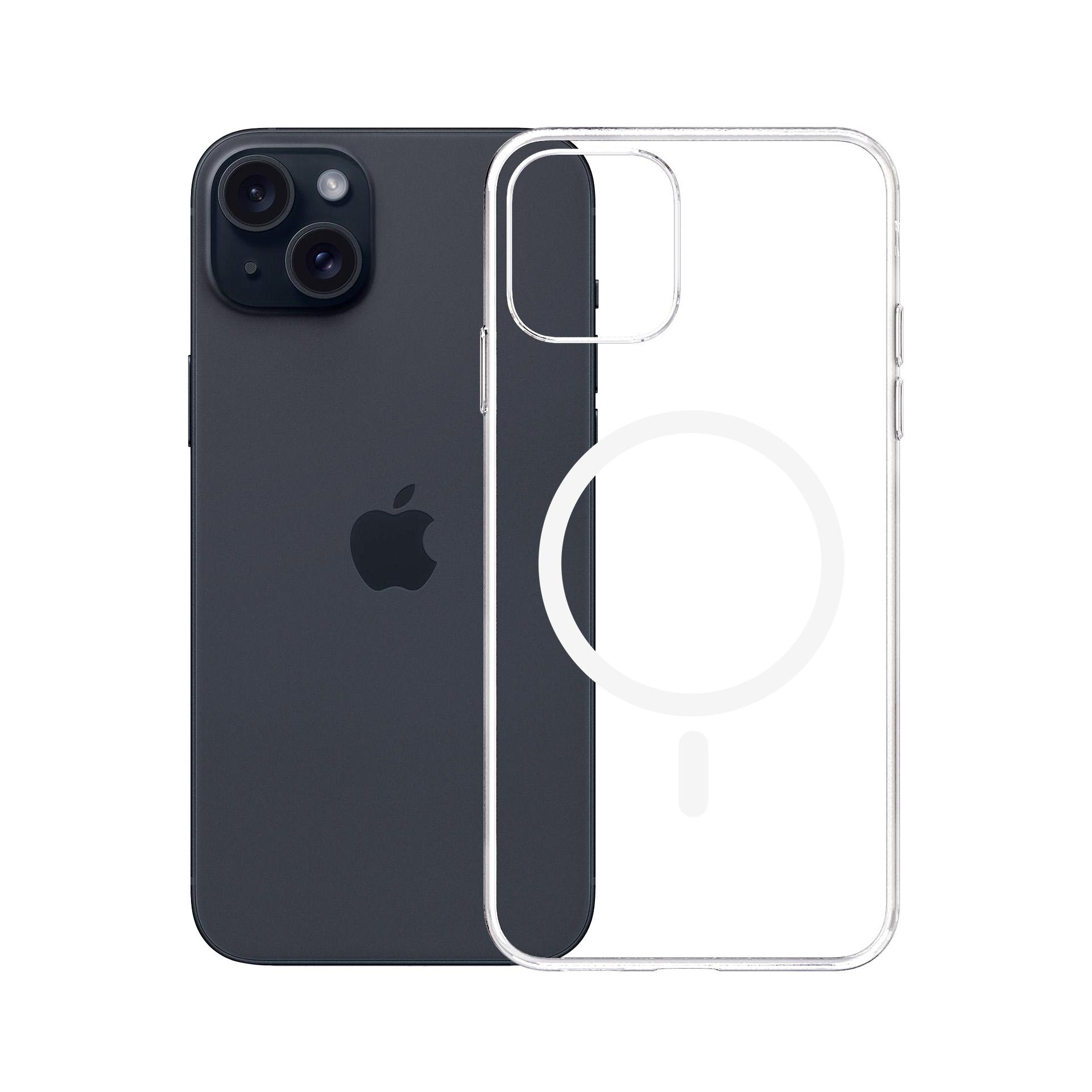 Un iPhone blu scuro con una custodia trasparente. La custodia mostra un cerchio MagSafe e una linea verticale. Logo Apple visibile.