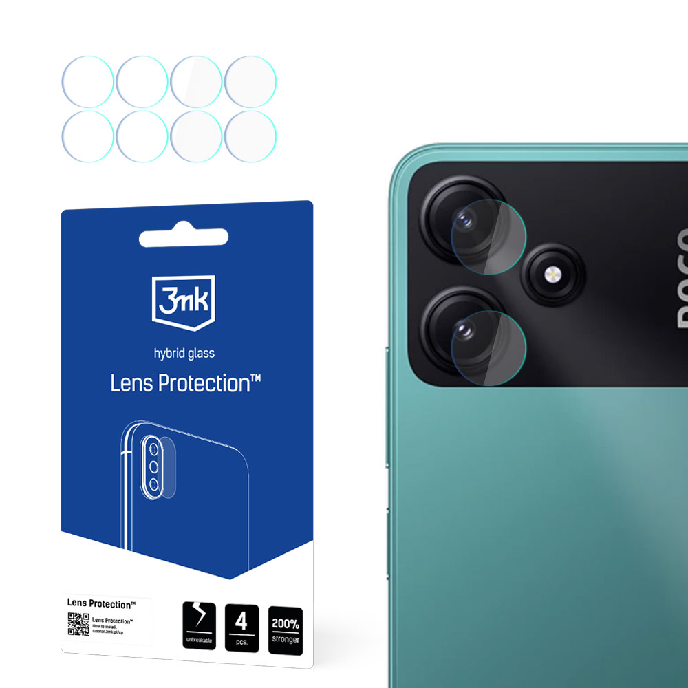 L'immagine mostra protezioni per lenti, un telefono con lenti della fotocamera e confezione. Il testo sulla confezione dice 'Lens Protection'.