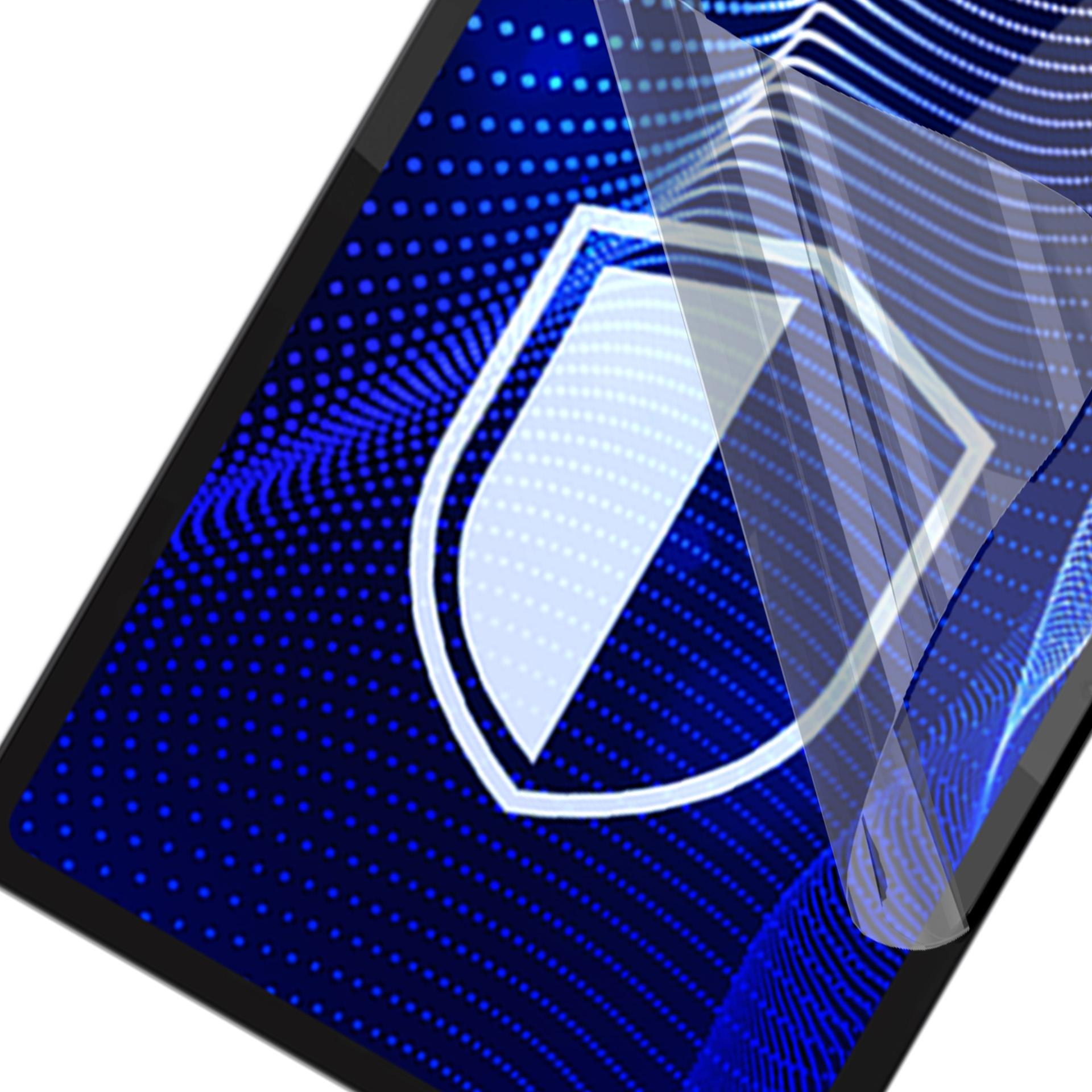 Ochraniacz ekranu tabletu z ikoną tarczy na niebieskim tle w kropki. Część ochraniacza jest odklejona.