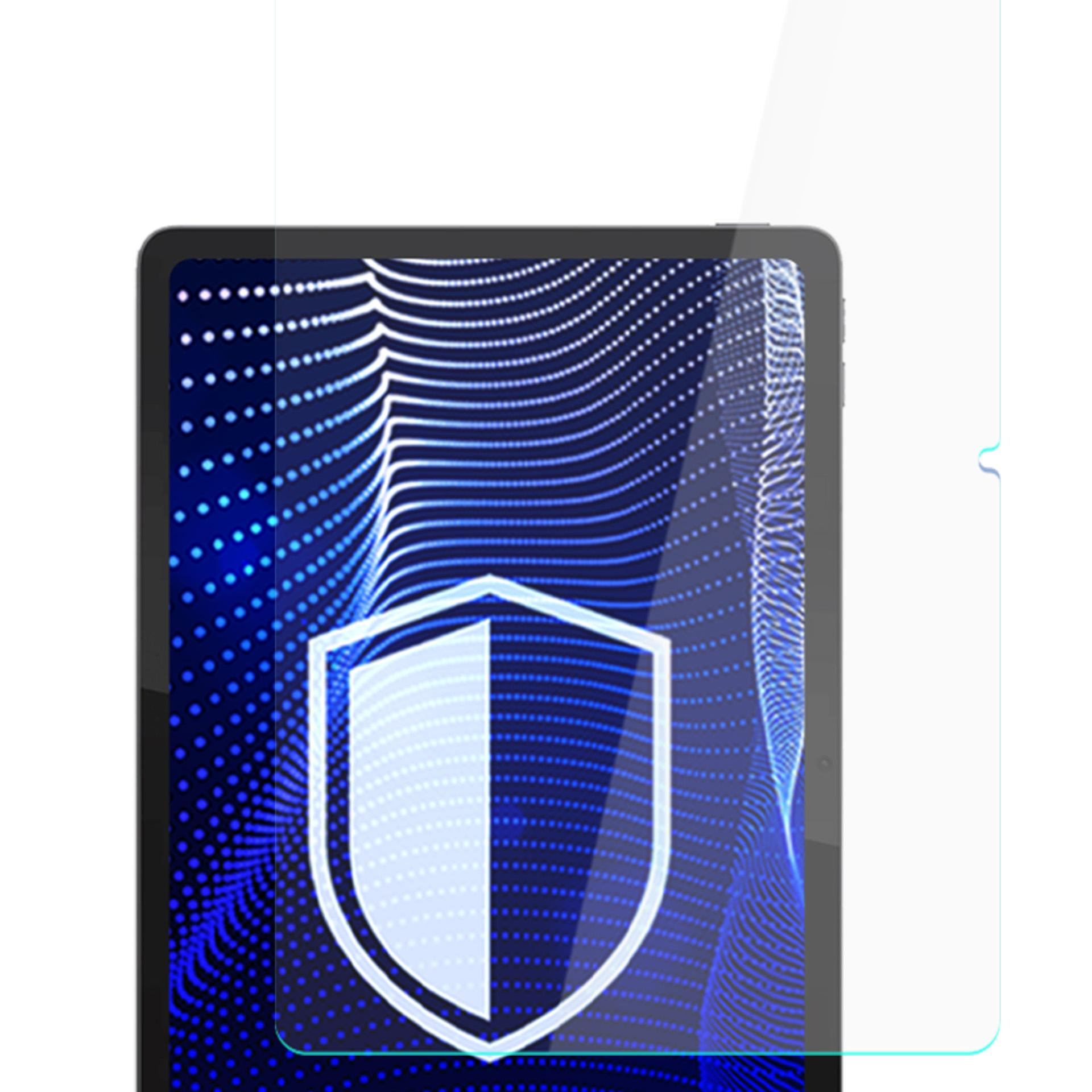 Ekran tabletu z niebieskim tłem, ikoną tarczy i ochraniaczem ekranu.