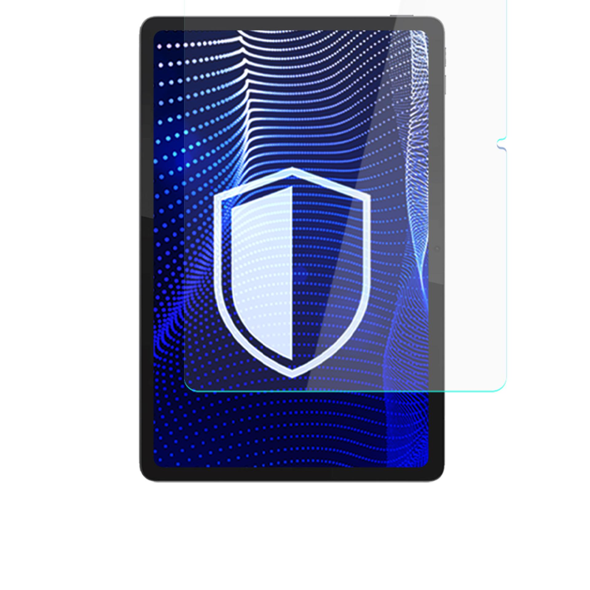 Tablet z ochraniaczem ekranu. Ekran wyświetla niebieski wzór z ikoną tarczy.